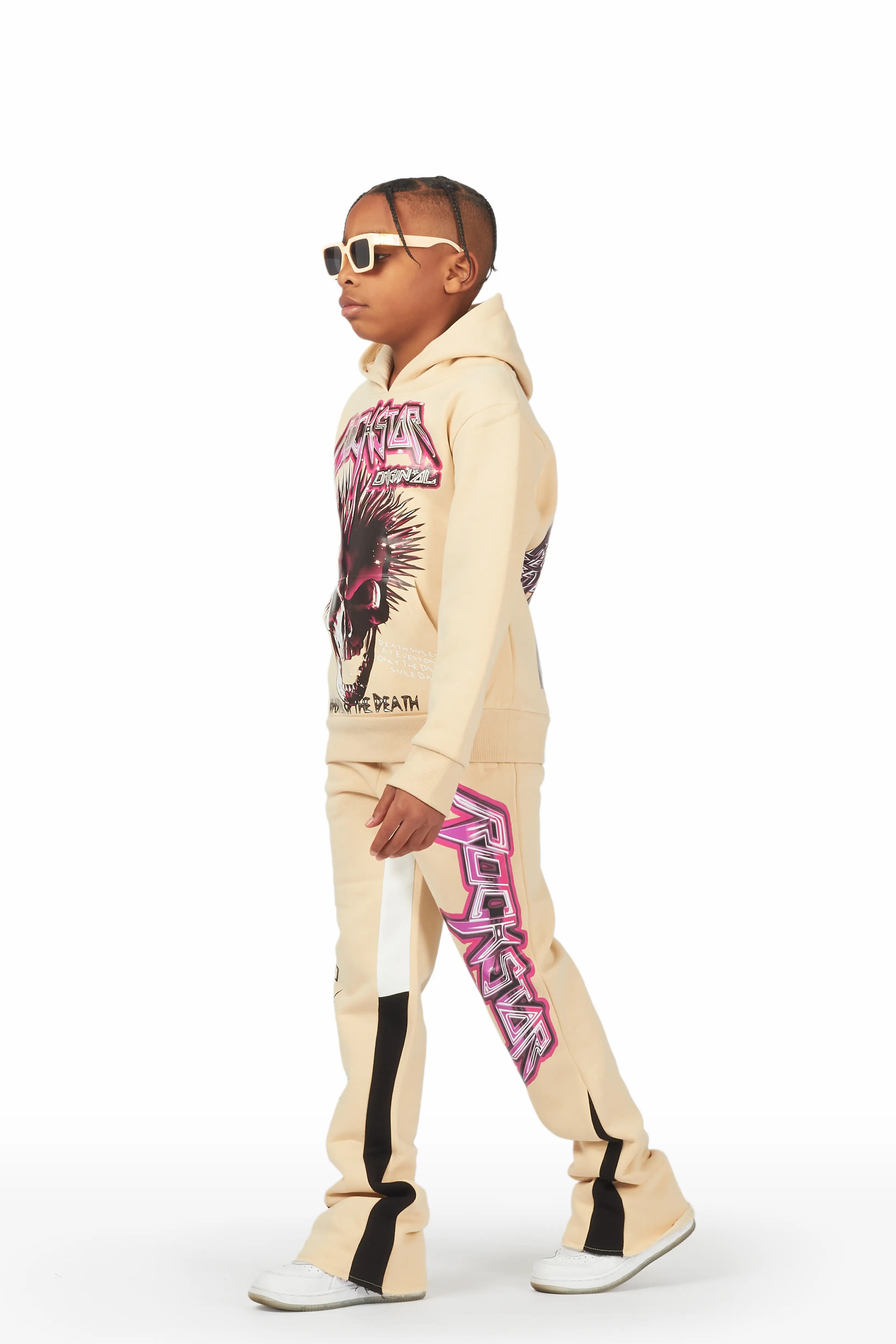 Boys Obern Beige/Black Hoodie Stacked Flare Track Set