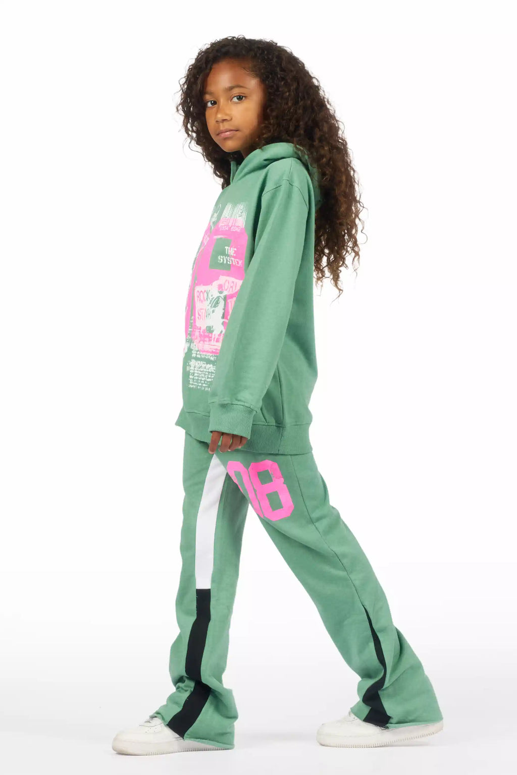 Girls Kammy Sage/Pink Hoodie Stacked Track Set
