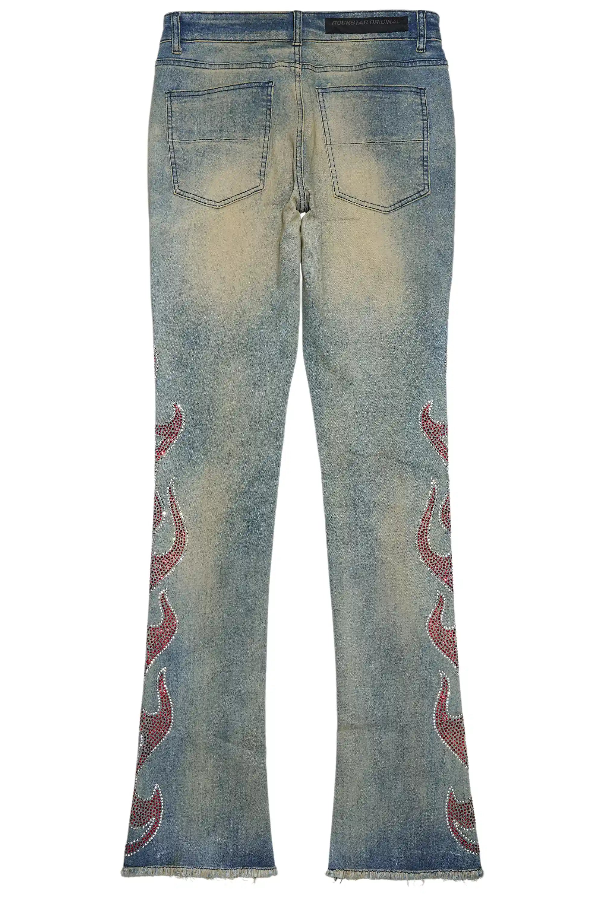 Sword Vintage Blue Rhinestone Stacked Flare Jean