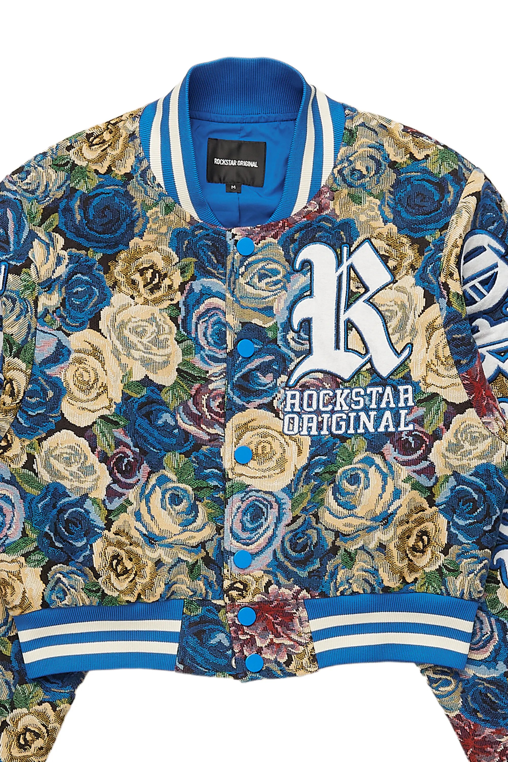Darresha Blue Crop Tapestry Varsity Jacket