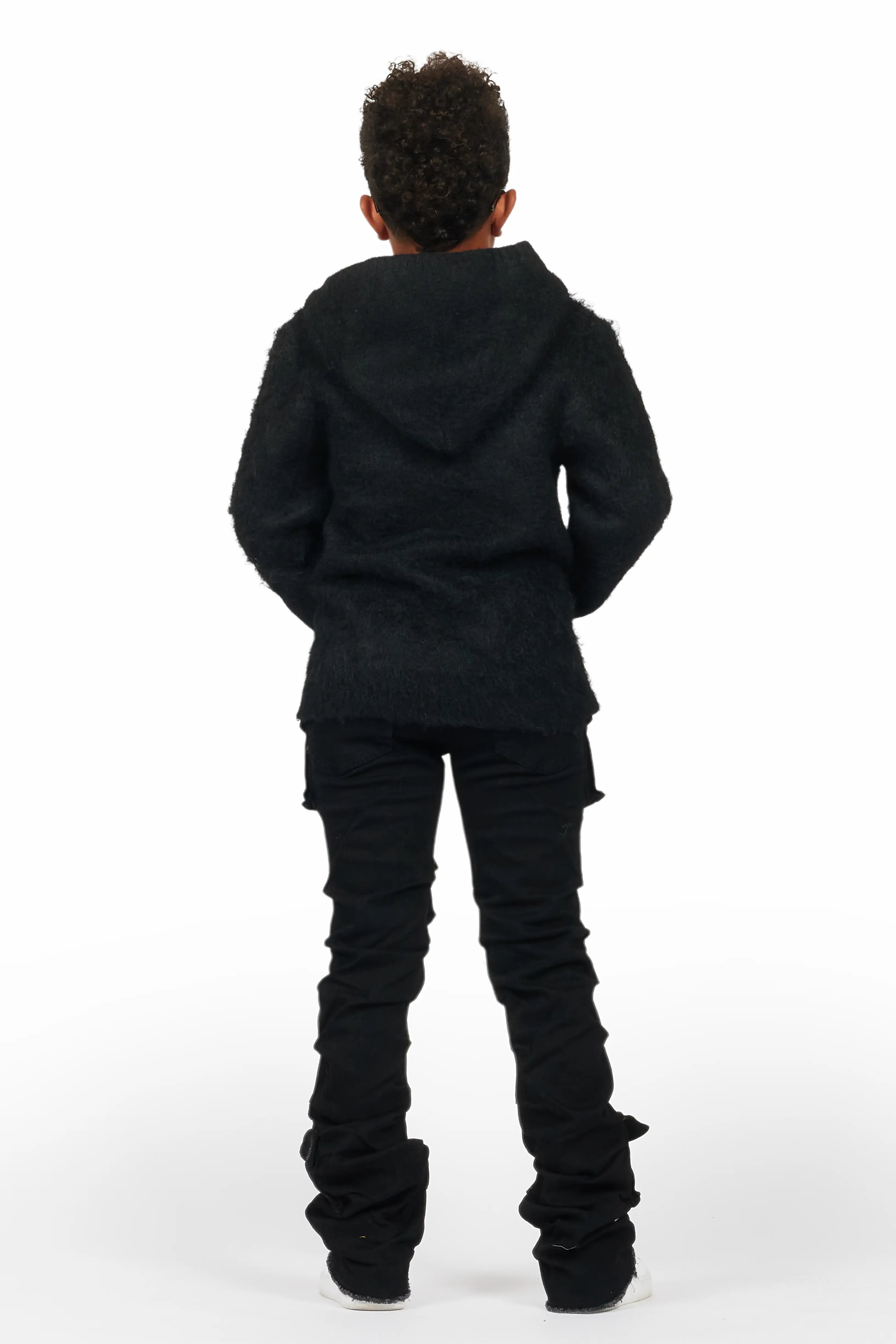 Boys Andros Black Mohair Hoodie/Stacked Flare Jean Set