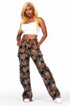Khadiyah Black Animal Print Tapestry Stacked Pant