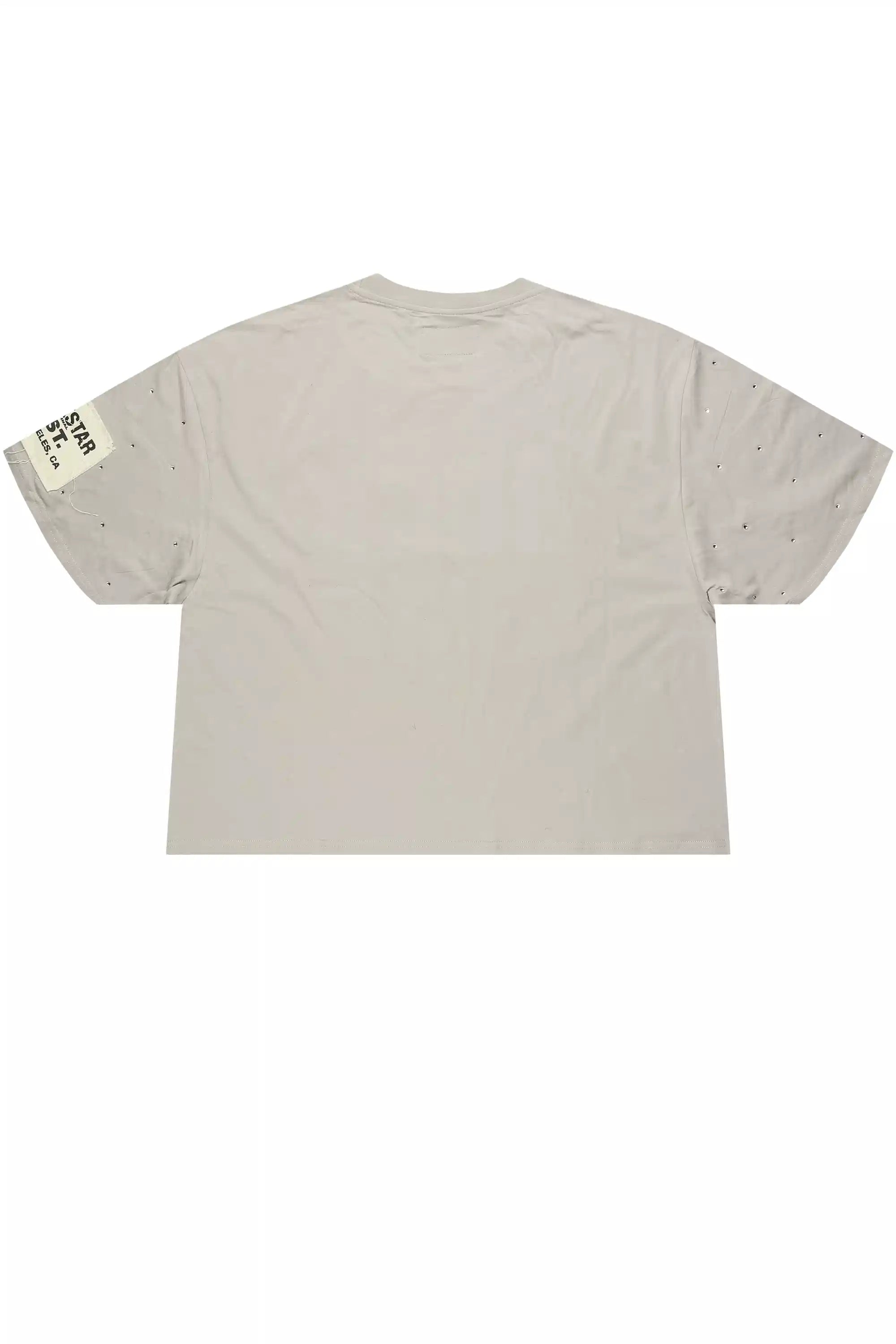 Yulian Grey Boxy Crop Rhinestone T-Shirt