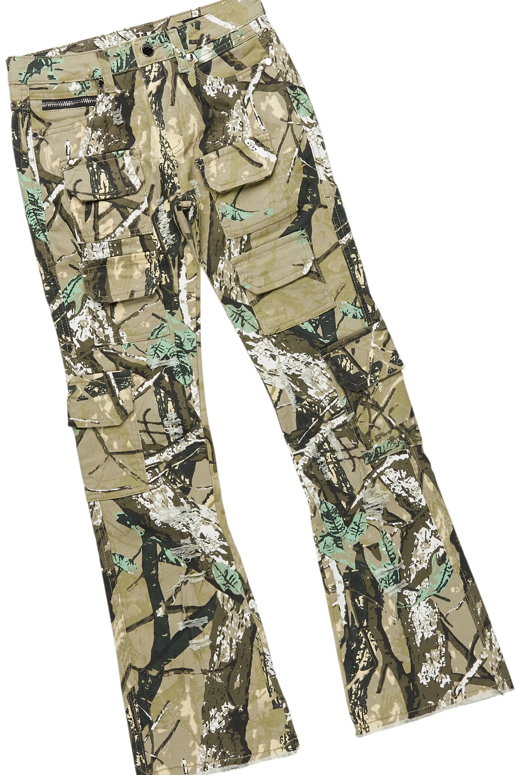 Boys Members White/Tree Camo T-Shirt/Stacked Flare Jean Set