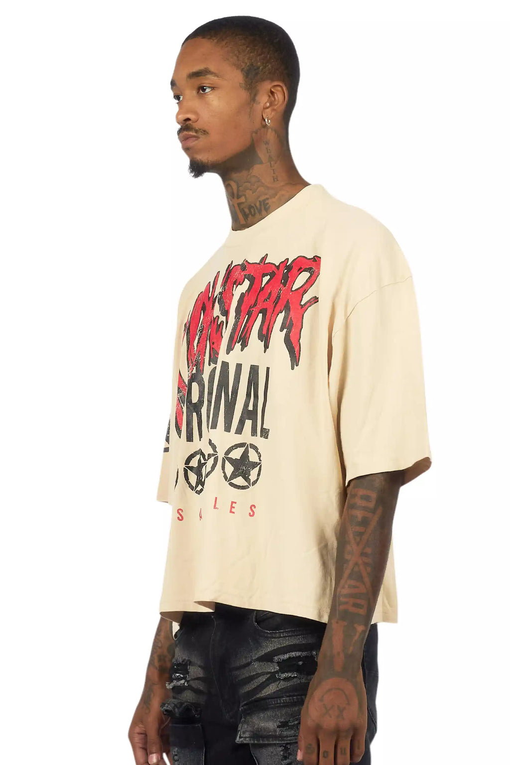 Wizzurd Beige/Red Boxy Crop T-Shirt