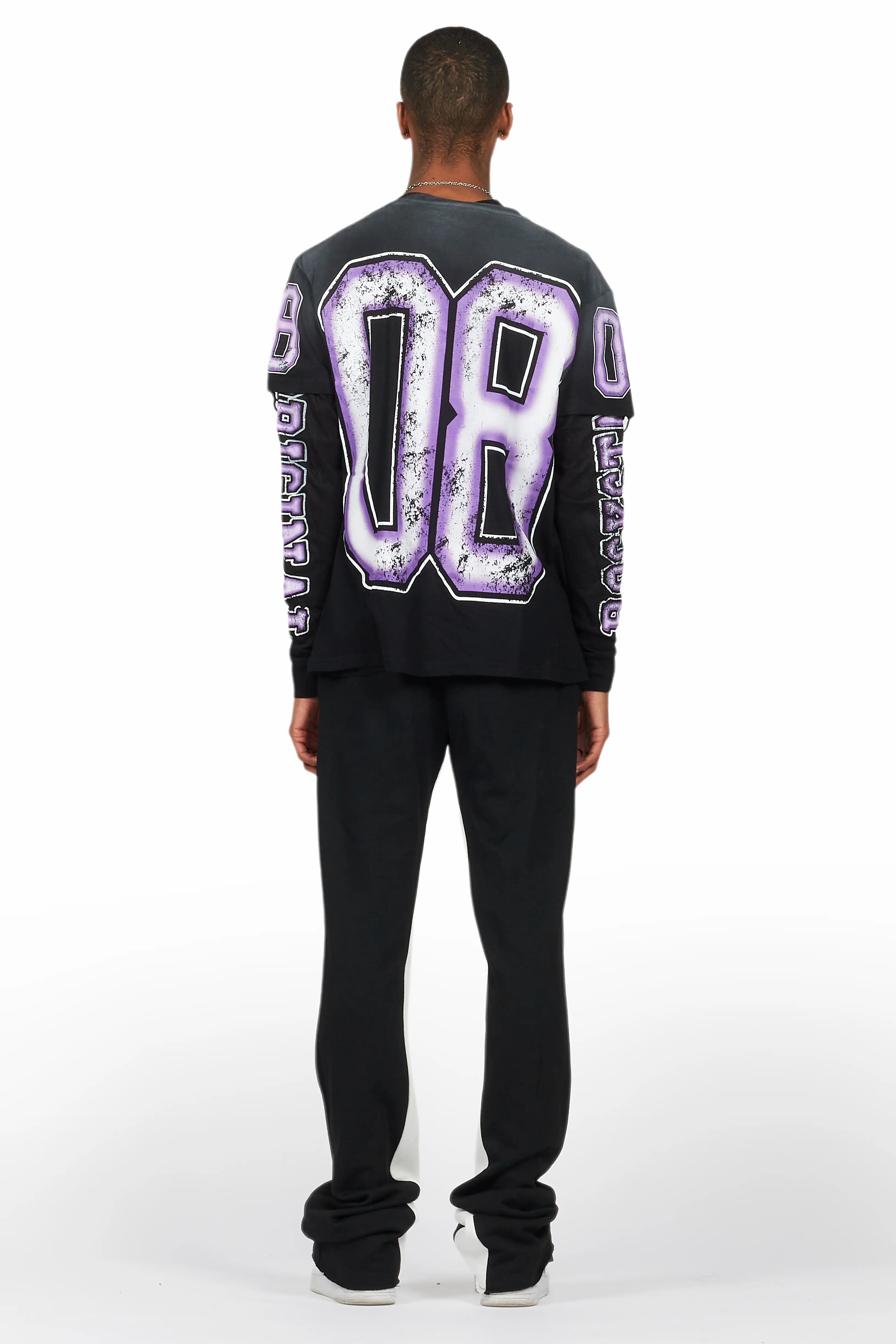 Fields Black/Purple Double Layer T-Shirt/Stacked Baggy Track Pant Set