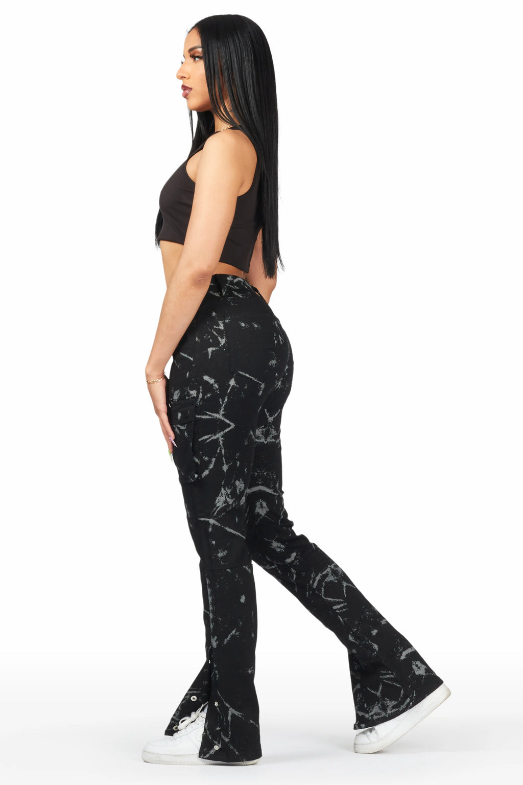 Shikira Black Marble Stacked Flare Jean