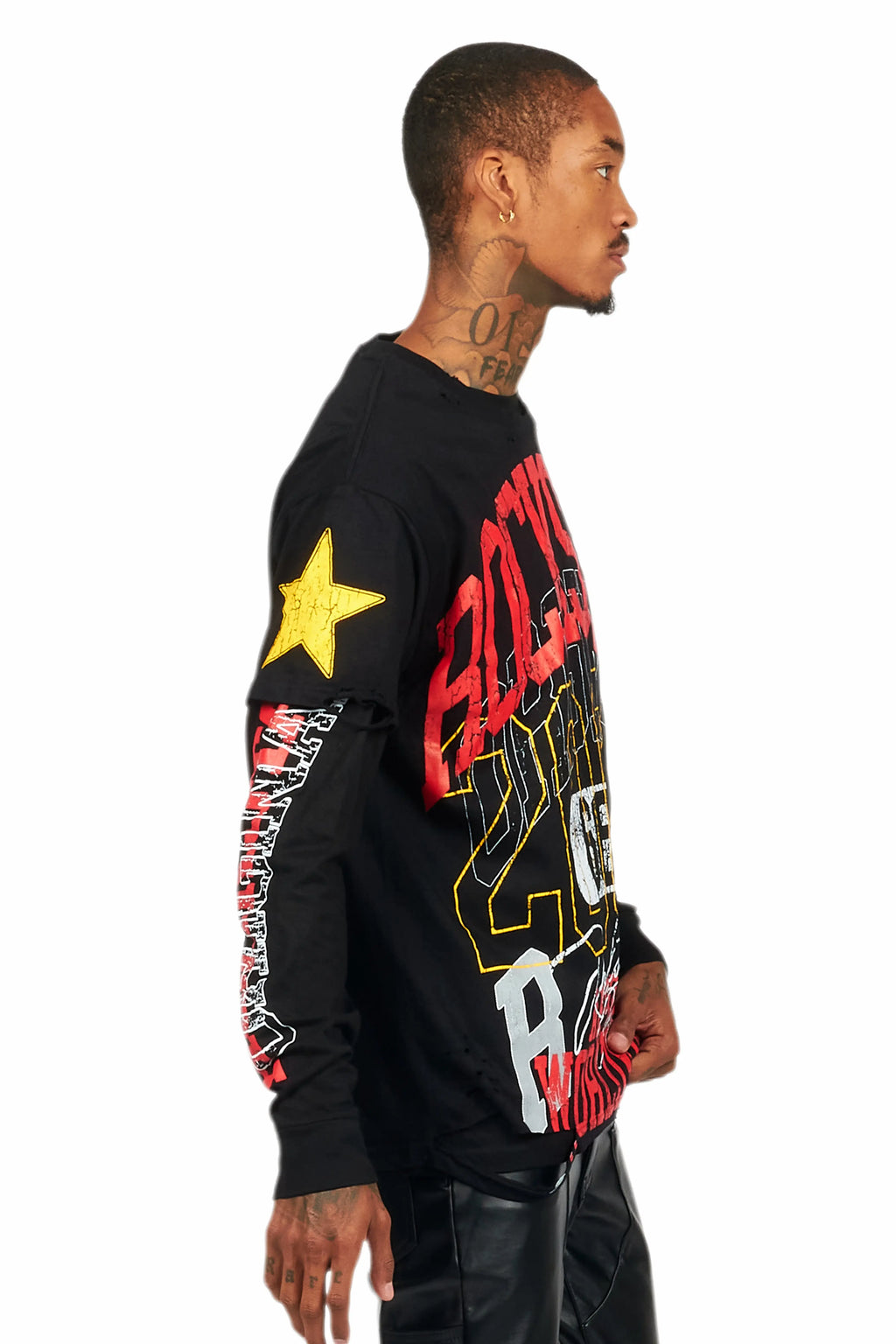 Santie Black Double Layer Long Sleeve Graphic T-Shirt