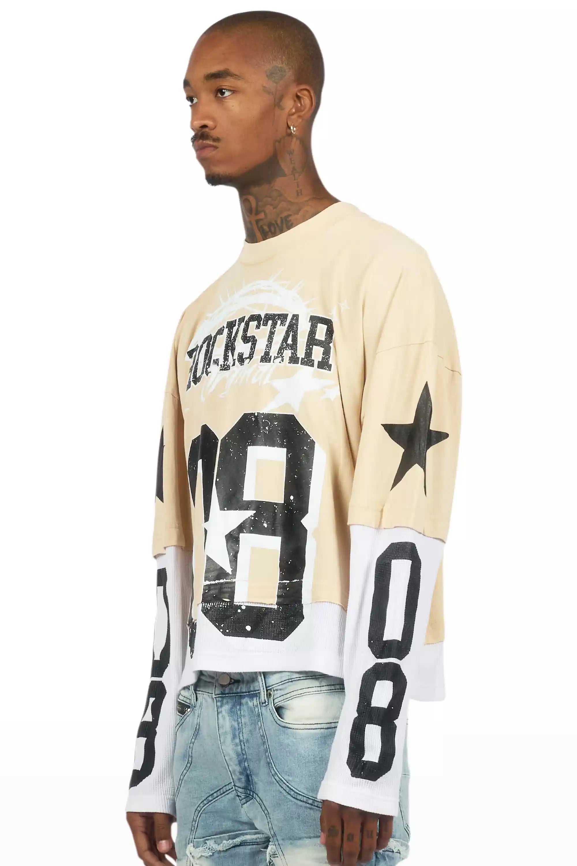Allstar Beige/Black Boxy Crop Double Layer Tee