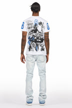 Grill White/Blue Oversized Graphic T-Shirt/Dag Stacked Flare Jean Set