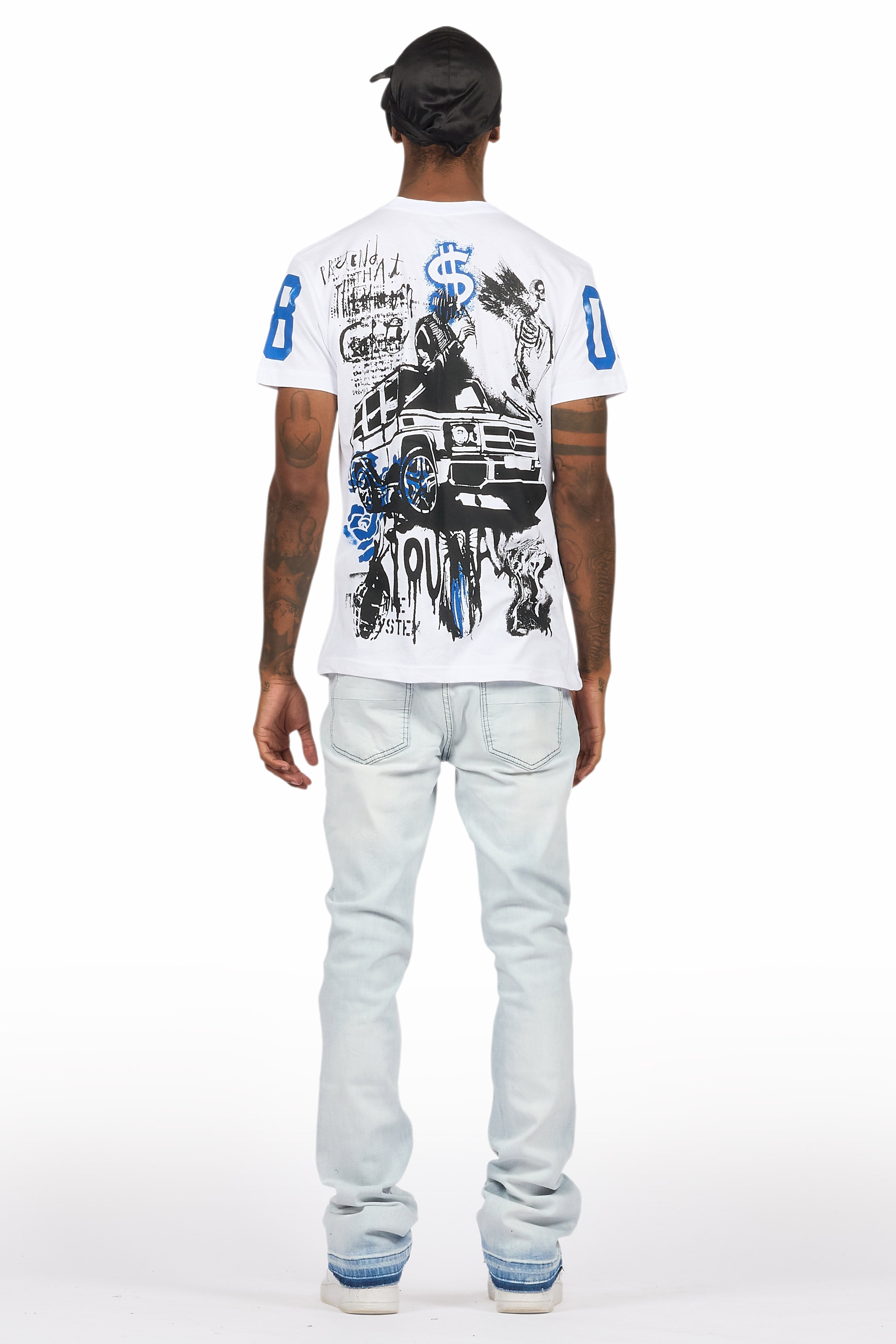 Grill White/Blue Oversized Graphic T-Shirt/Dag Stacked Flare Jean Set