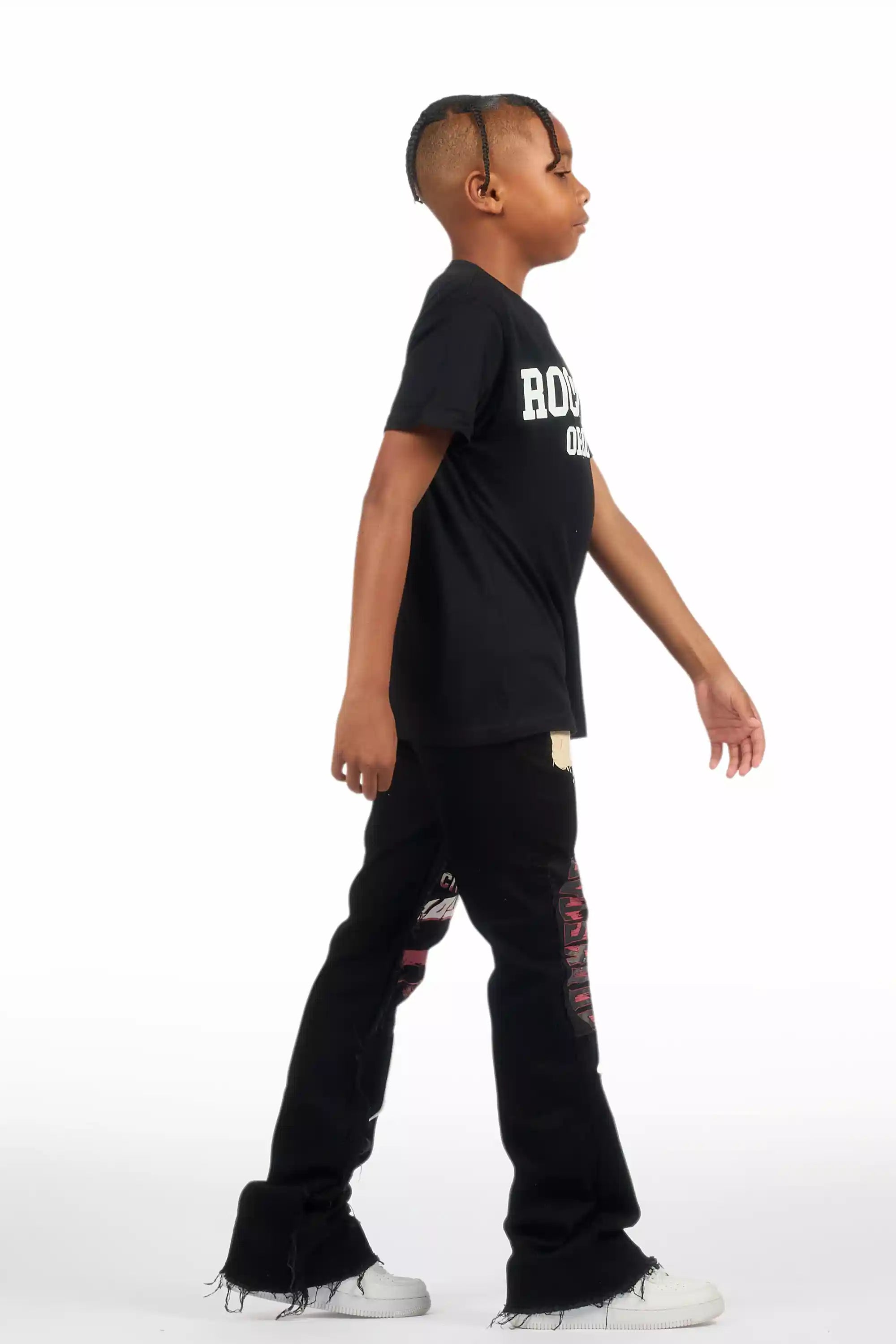 Boys Vinson Black  Patchwork Stacked flare Jean