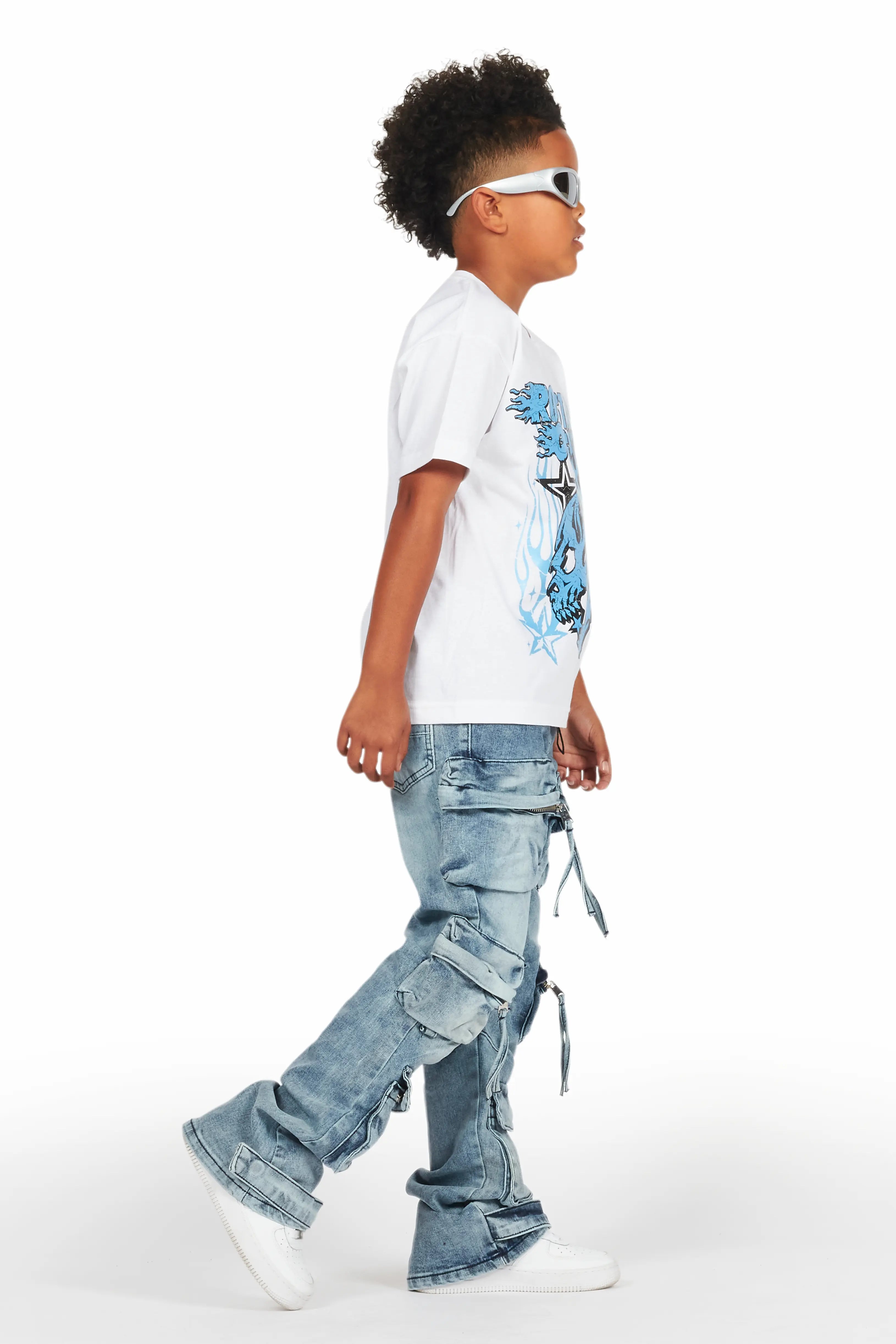 Boys Smitty White/Blue T-Shirt/Baggy Fit Jean Set