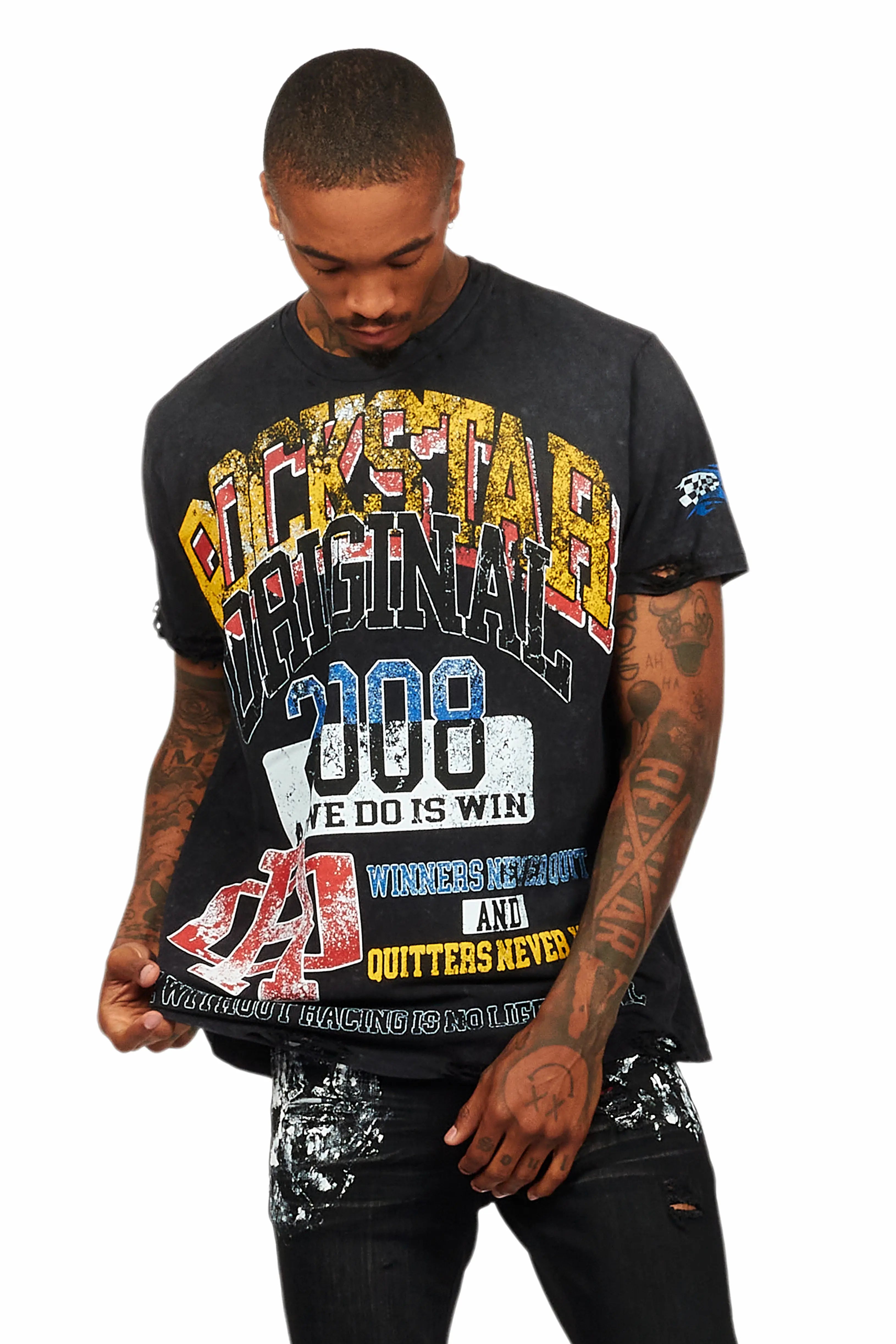 Colorful Race Vintage Black Oversized Distressed Graphic T-Shirt