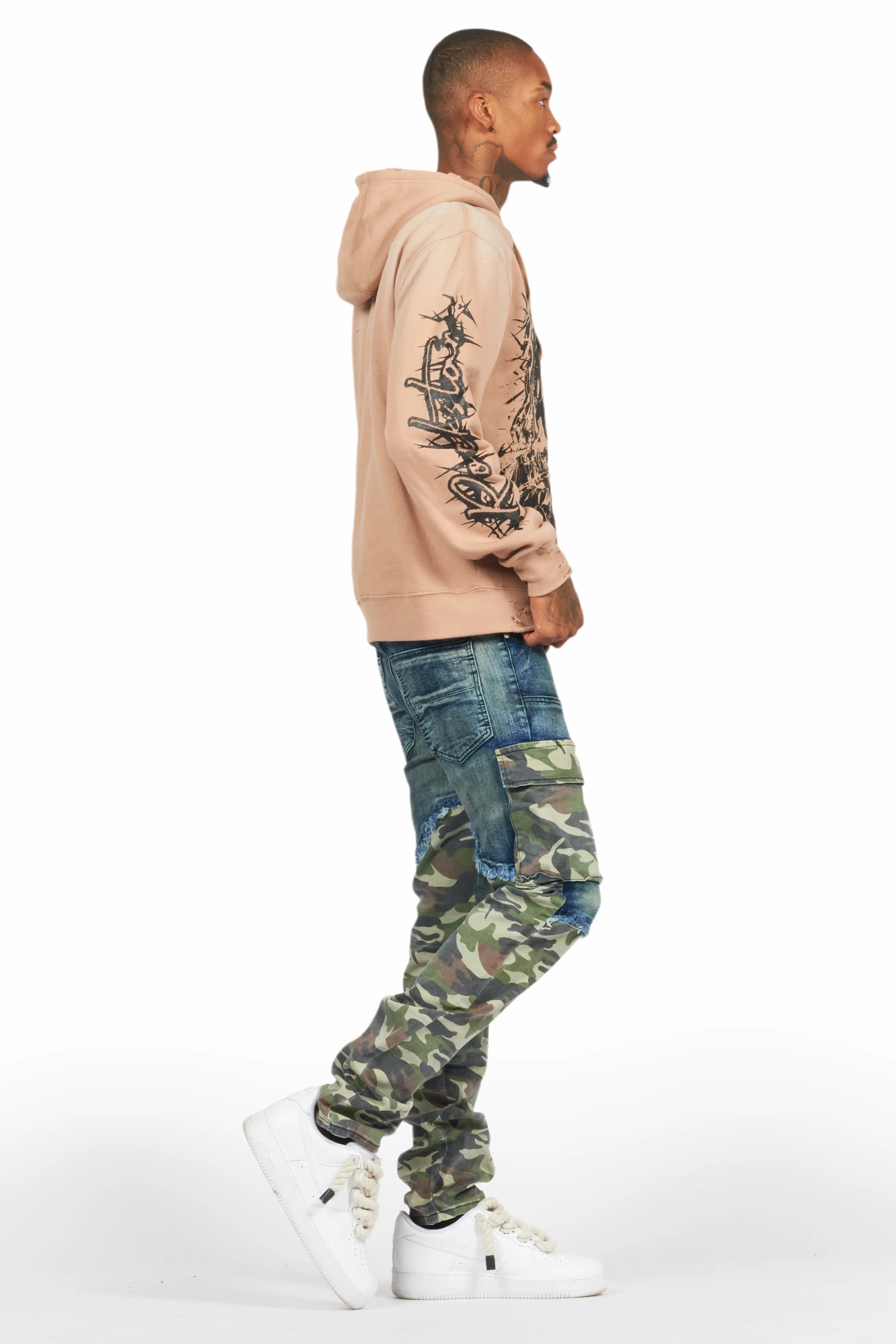 Bedros Khaki Graphic Distressed Hoodie