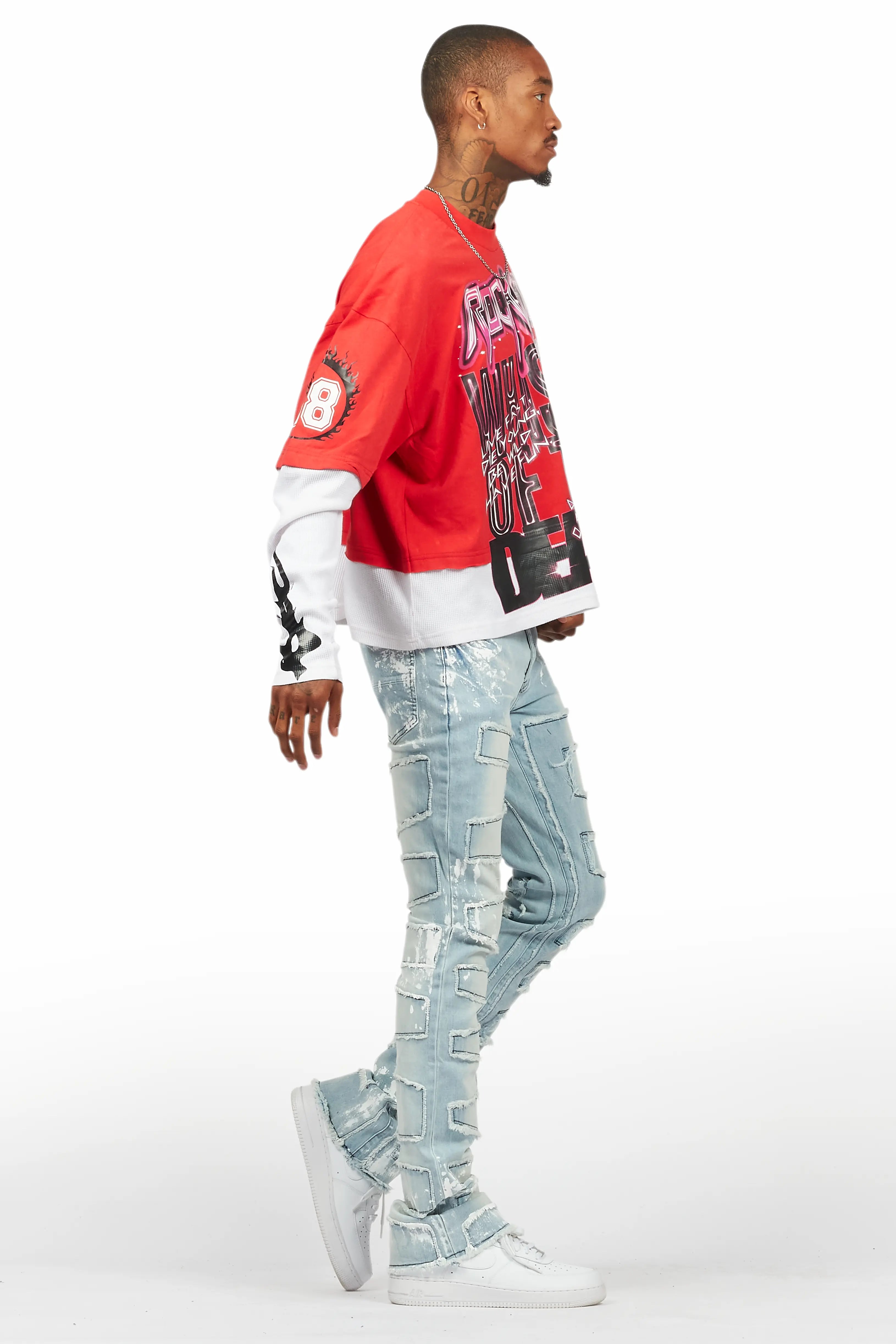 Kodak Blue/White Painter Stacked Flare Fringe Jean