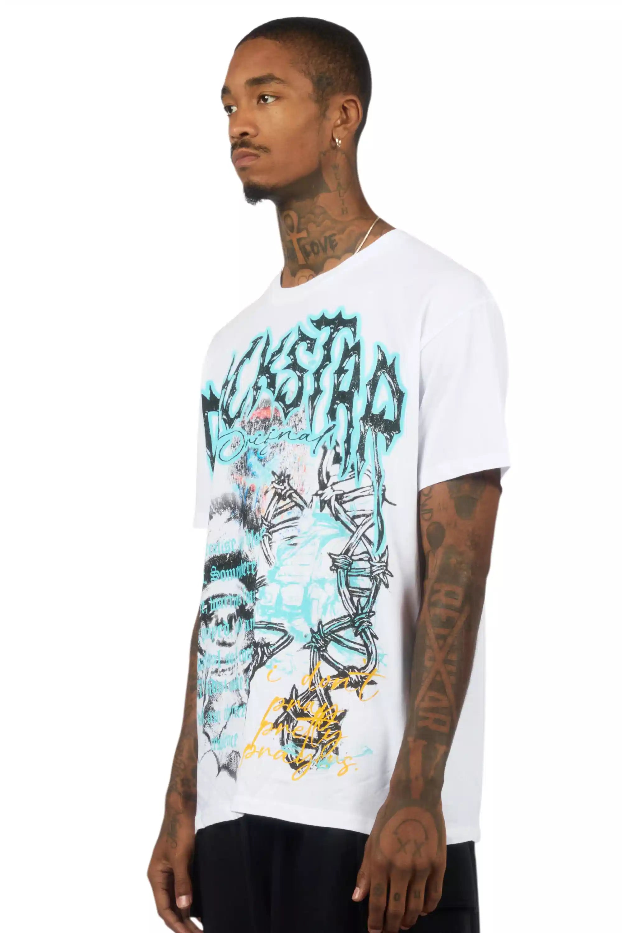 Drai White/Blue Oversized Graphic T-Shirt