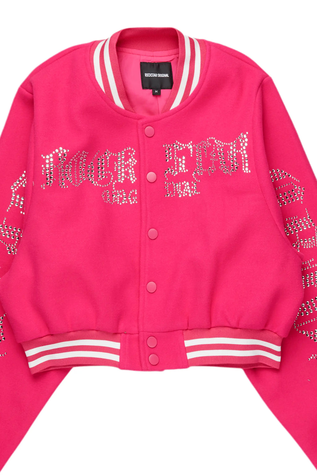 Gianni Hot Pink Crop Rhinestone Varsity Jacket
