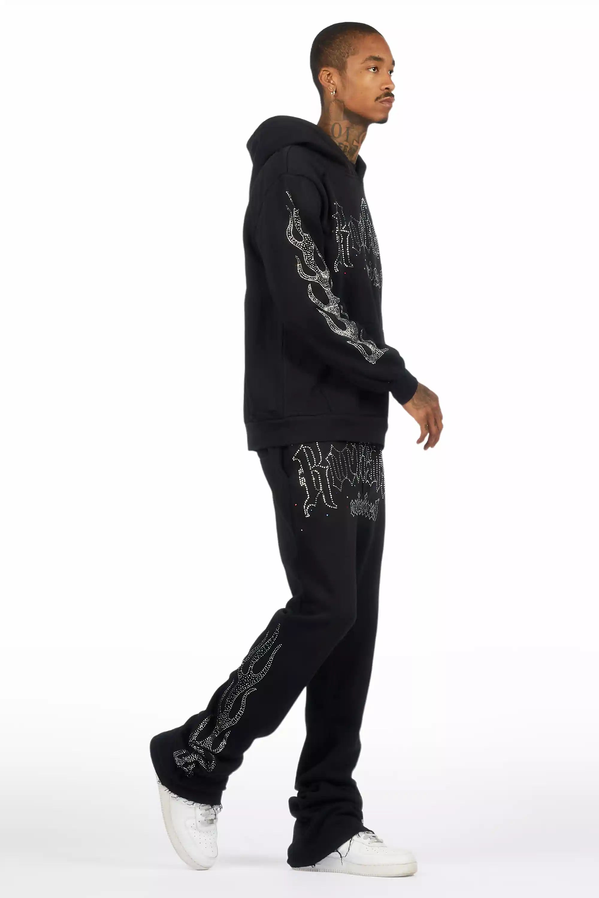 Mares Black Rhinestone Hoodie Relaxed Track Set