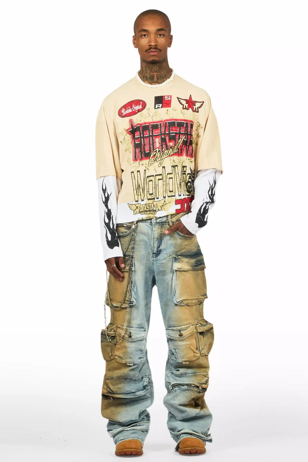 Deangelo Beige/Red Boxy Crop Double Layer Tee