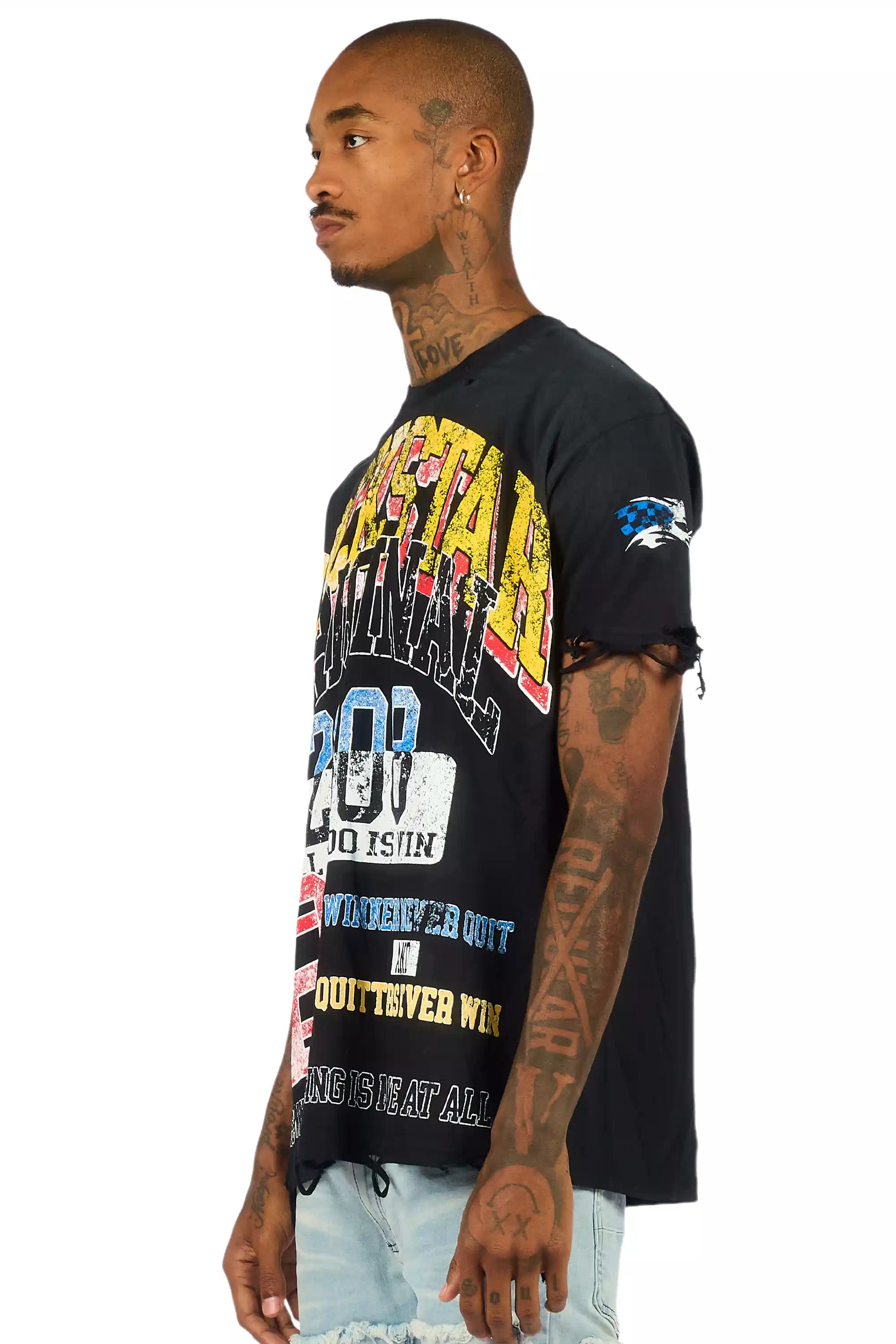 Colorful Race Black Oversized Distressed Graphic T-Shirt