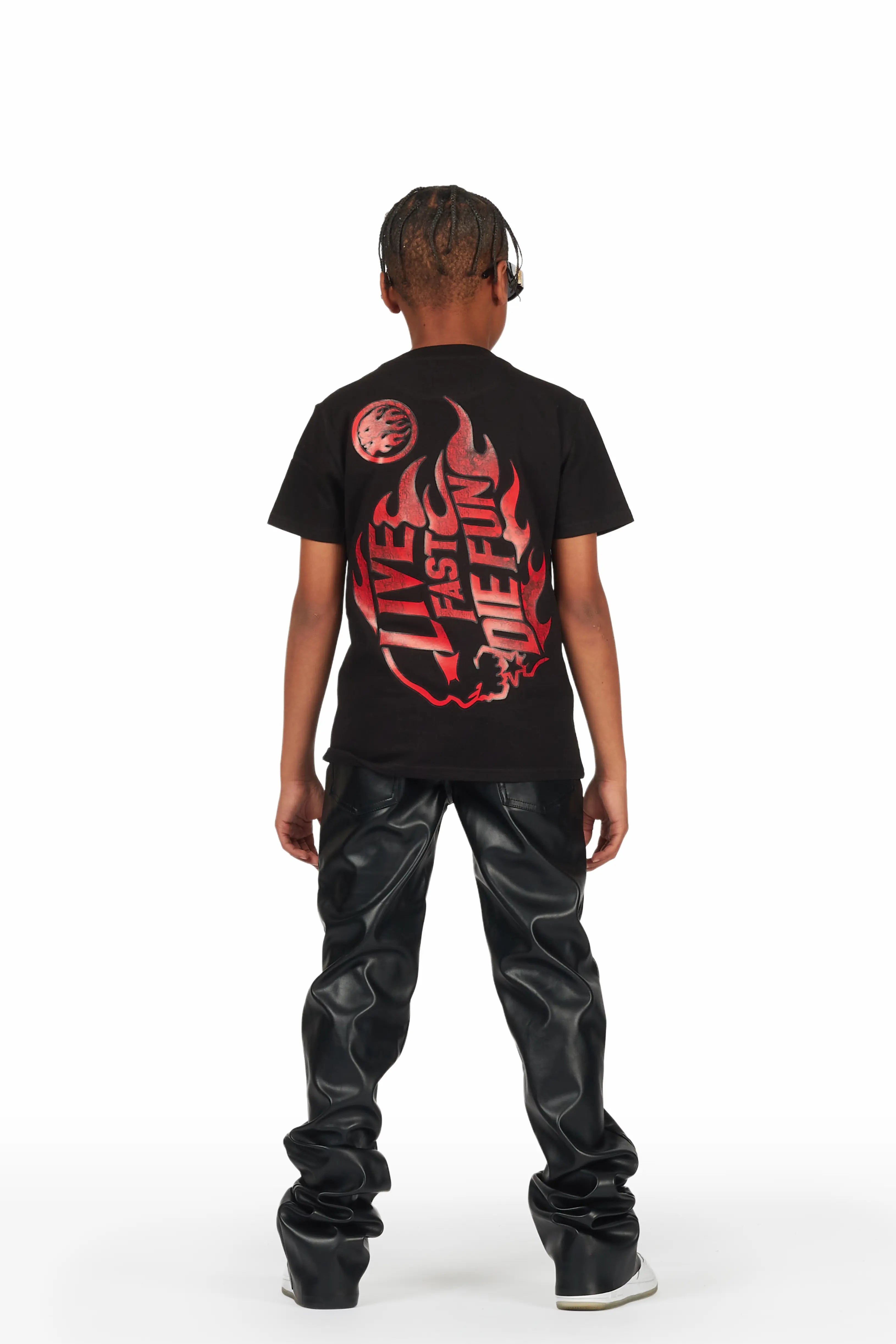 Boys Ricky Black PU Super Stacked Flare Jean