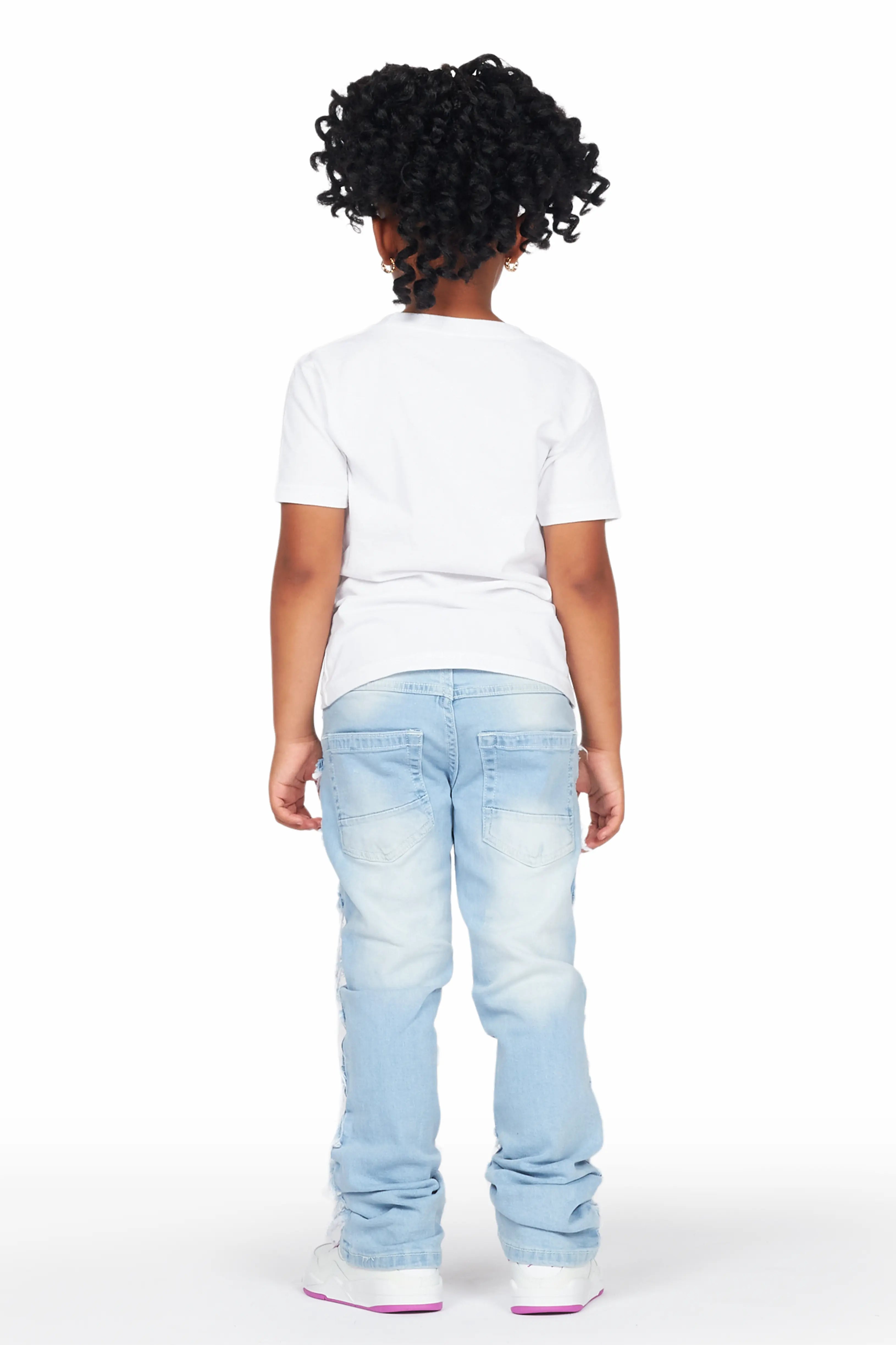 Girls Helia White/Blue T-Shirt/Stacked Flare Jean Set