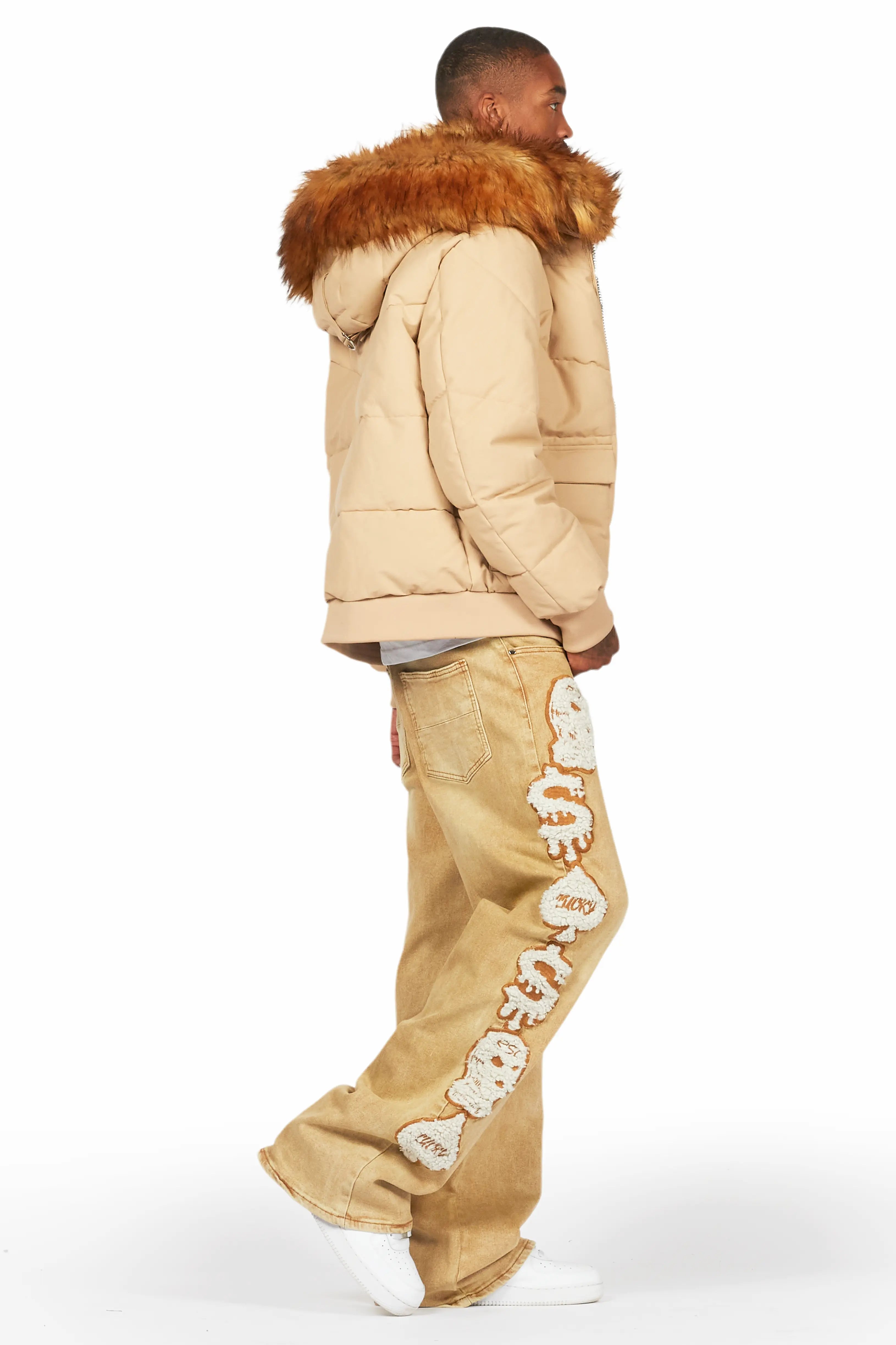 Langston Beige Puffer Jacket with Fur Hood