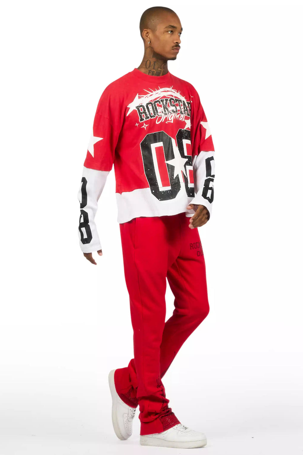 Pyrel Red/Black Rhinestone Stacked Flare Pant