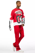 Pyrel Red/Black Rhinestone Stacked Flare Pant