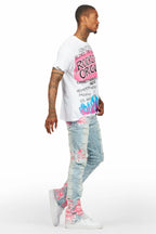 Kodak Blue/Pink Painter Stacked Flare Fringe Jean