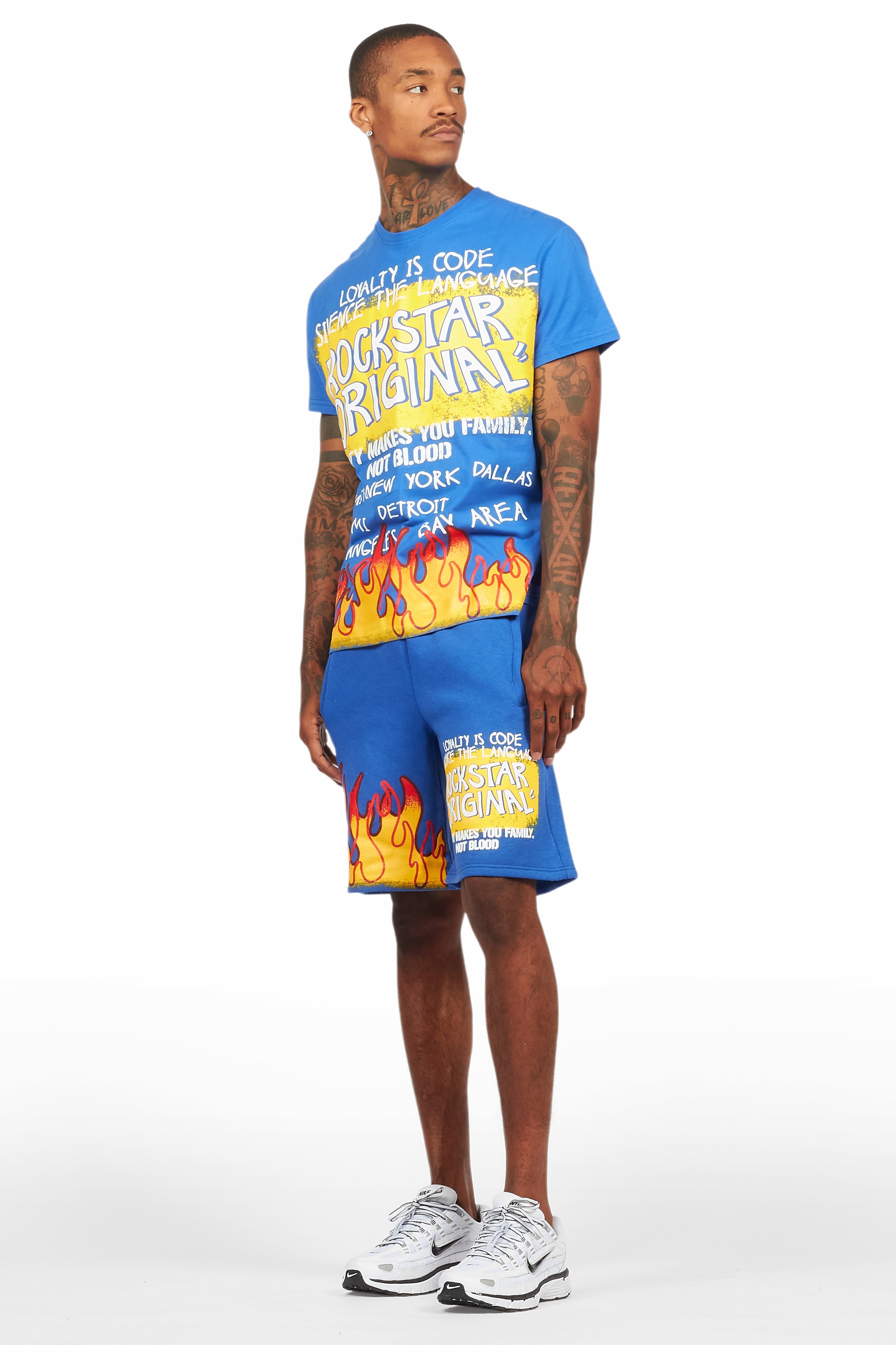 Beno Royal Blue Graphic T-Shirt Short Set