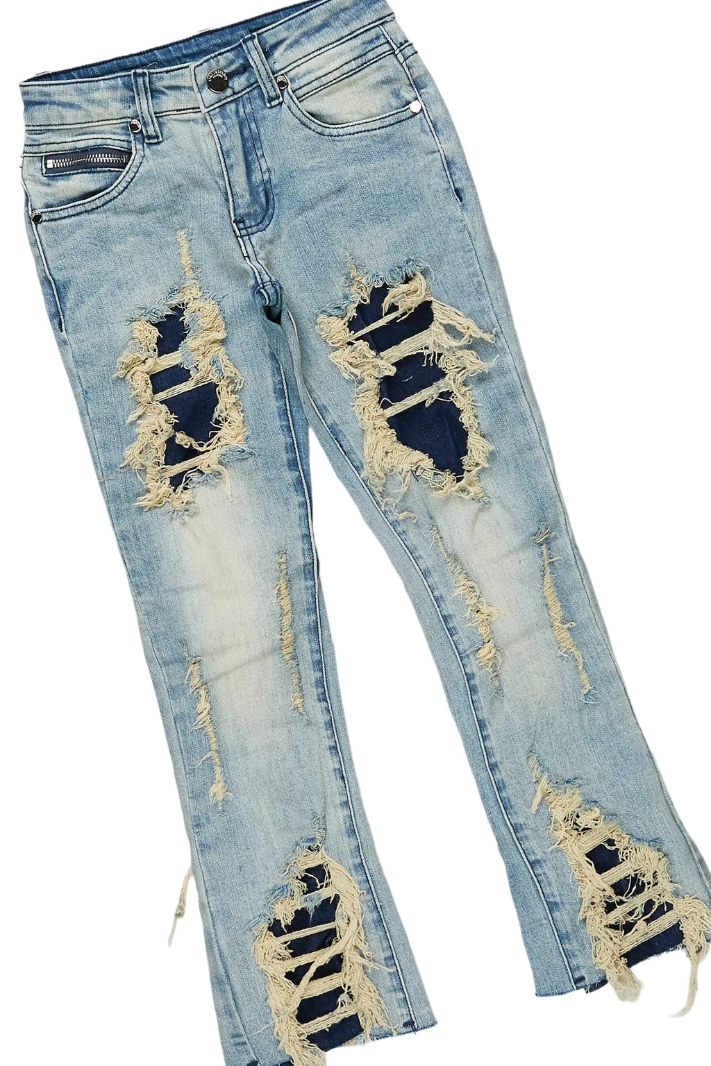 Girls Indie White/Blue T-Shirt/Stacked Flare Jean Set