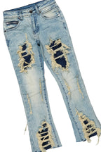 Girls Indie White/Blue T-Shirt/Stacked Flare Jean Set