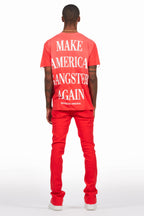 Drako Red/White Oversized Graphic T-Shirt/Dag Stacked Flare Jean Set