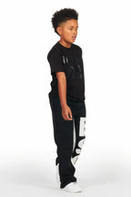 Boys Uko Black/White Stacked Baggy Flare Pant