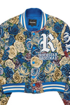 Kyiori Blue Crop Tapestry Varsity Jacket