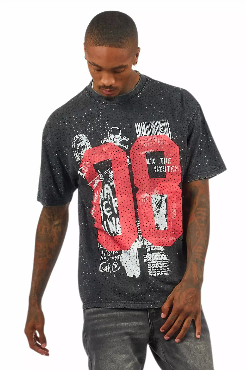 Grill Black/Red Graphic Rhinestone T-Shirt