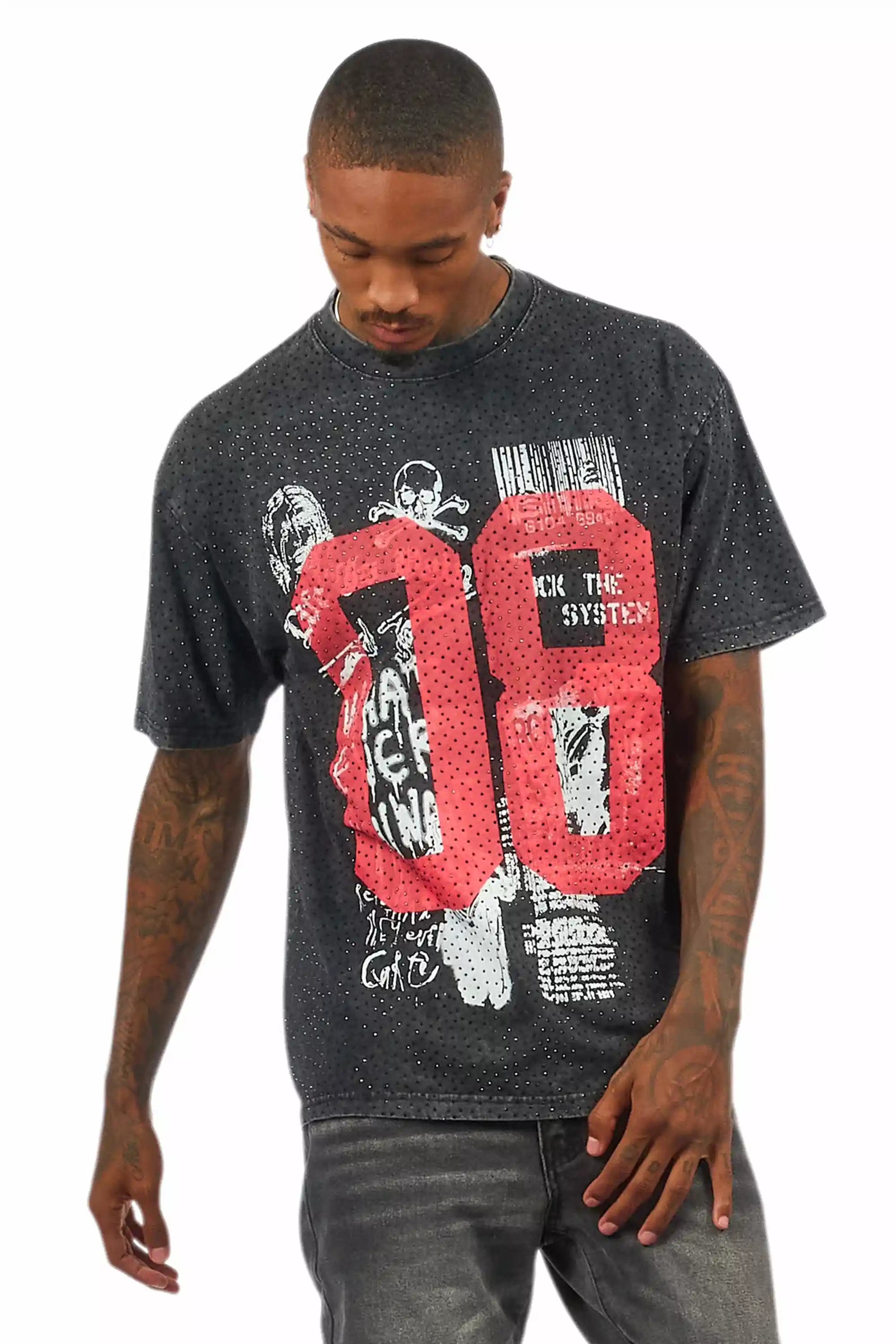 Grill Black/Red Graphic Rhinestone T-Shirt