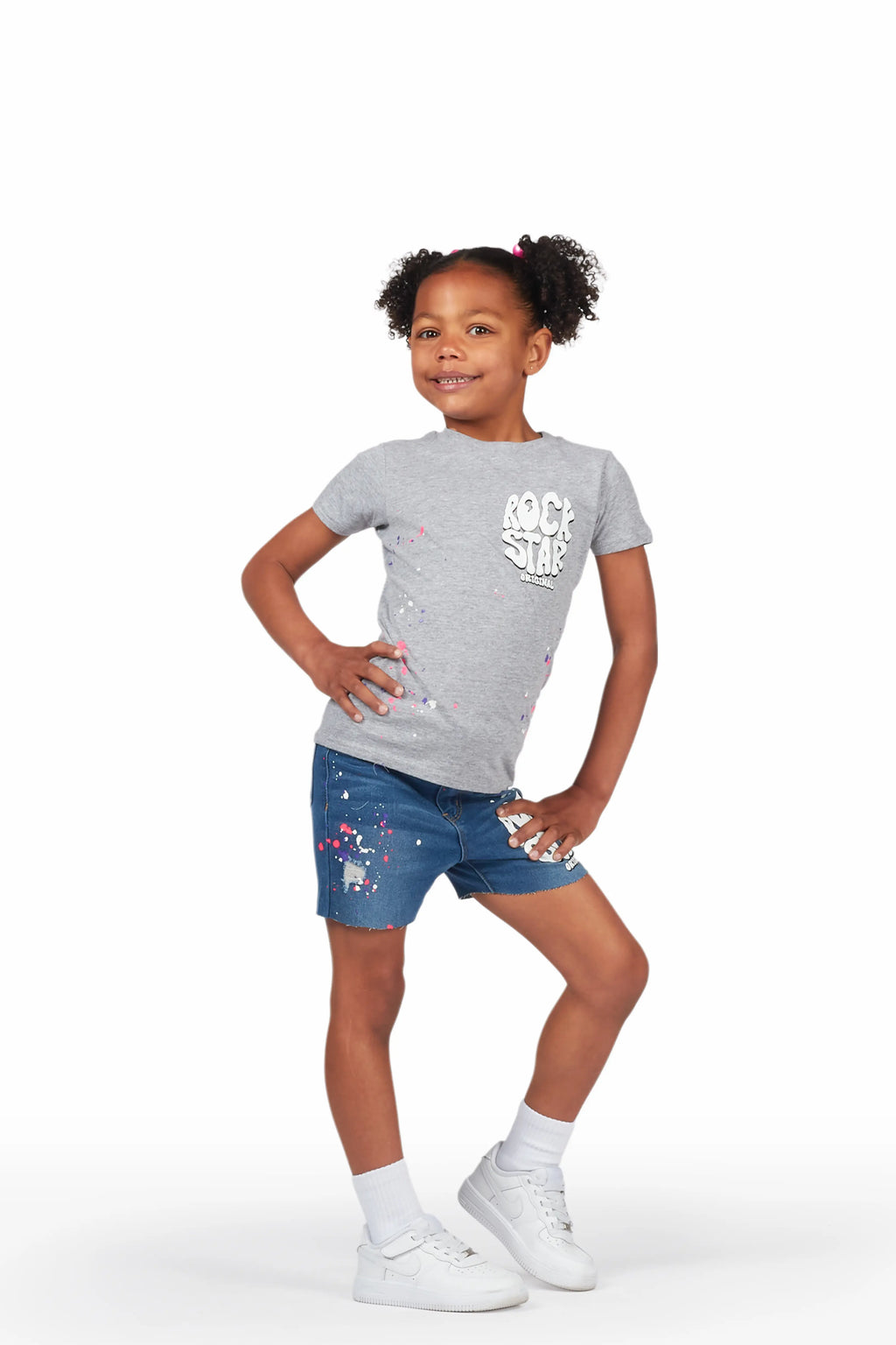 Girls Adrina Grey/Blue T-Shirt Denim Short Set