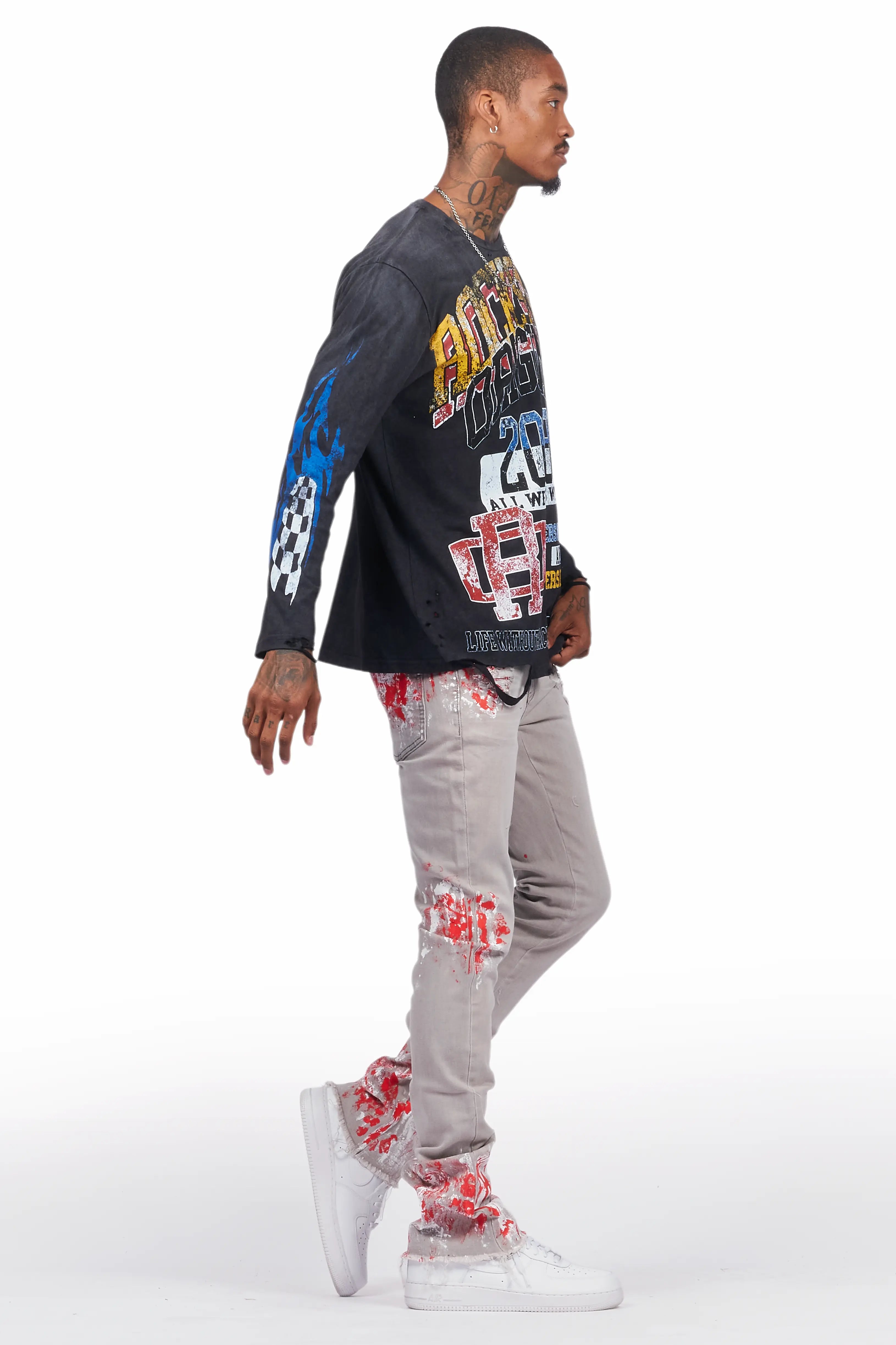 Colorful Race Vintage Black Long Sleeve Graphic T-Shirt