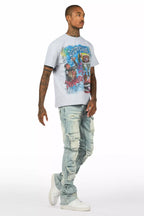 Yooz Heather Grey/Blue Oversized T-Shirt/Super Stacked Flare Jean Bundle