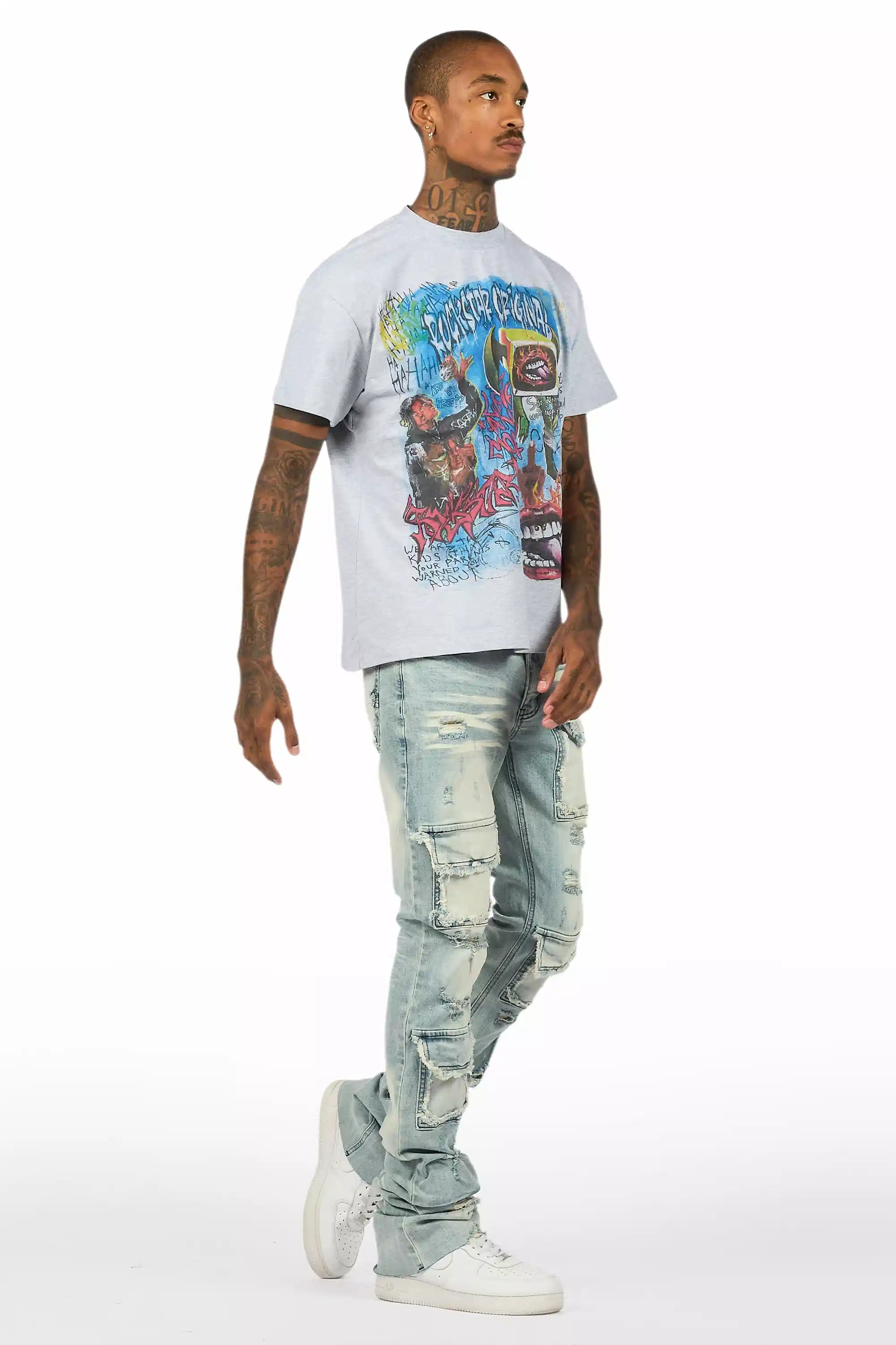 Yooz Heather Grey/Blue Oversized T-Shirt/Super Stacked Flare Jean Bundle