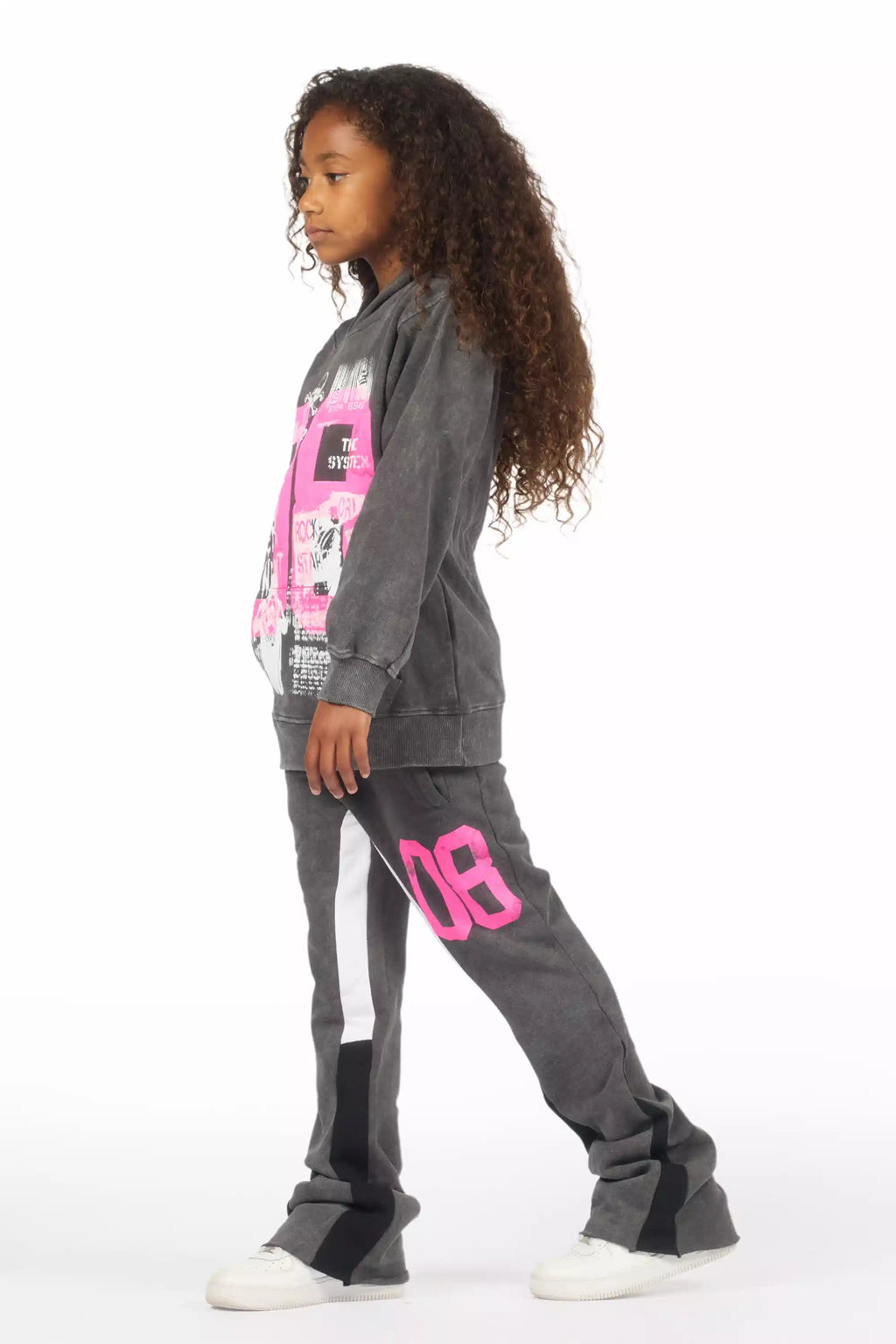 Girls Kammy Vintage Grey/Pink Hoodie Stacked Track Set