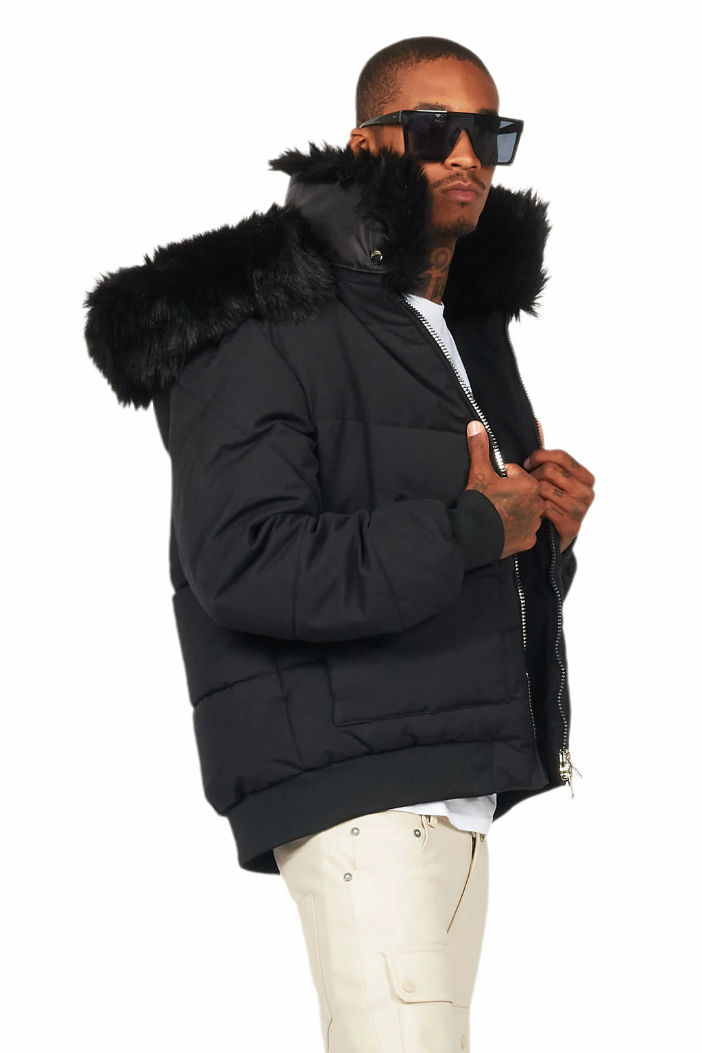 Langston Black Puffer Jacket with Fur Hood