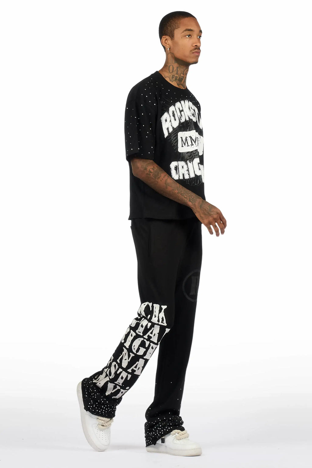 Borya Black Rhinestone T-Shirt/Baggy Stacked Track Set