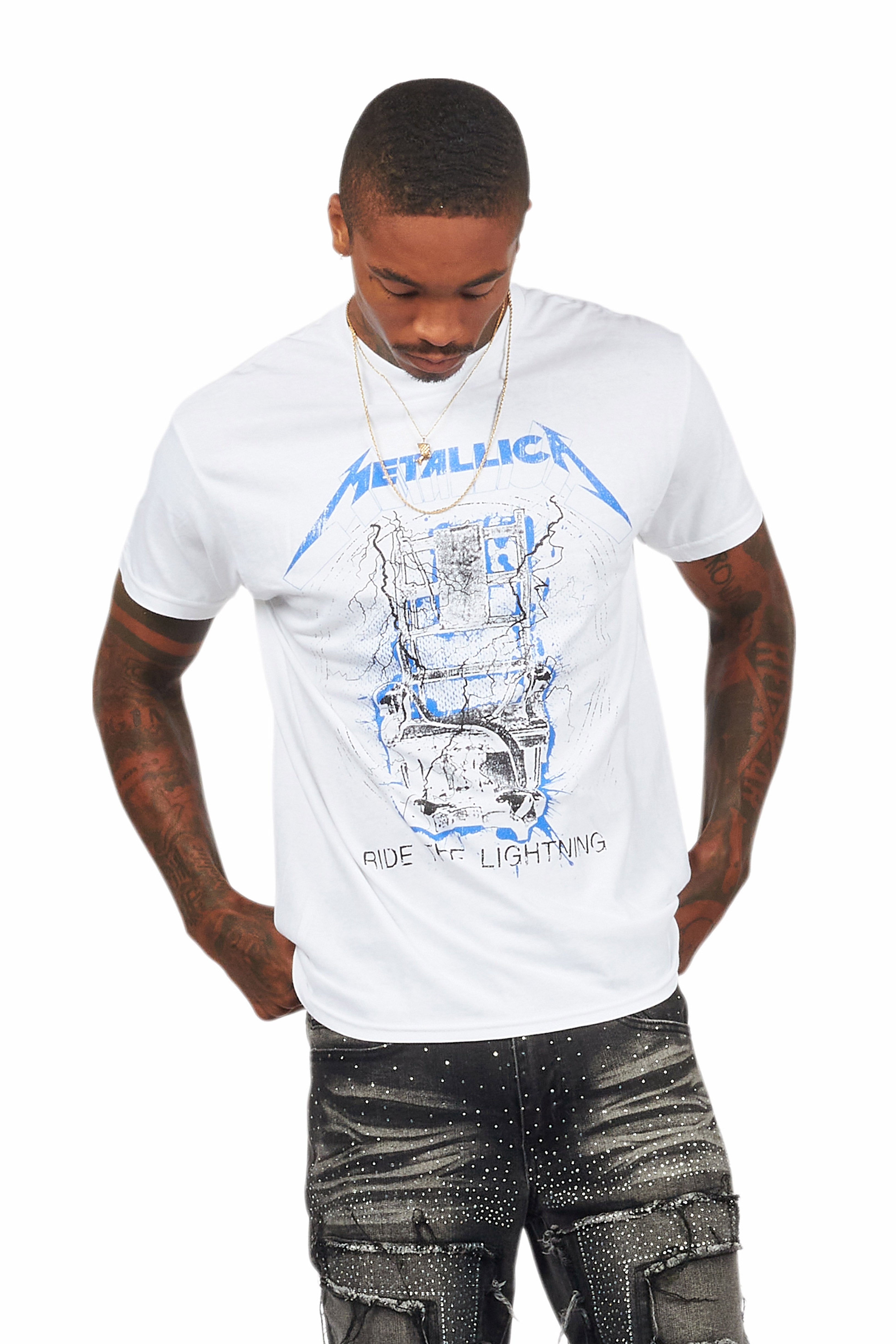 Metallica Lightning White/Blue Graphic T-Shirt