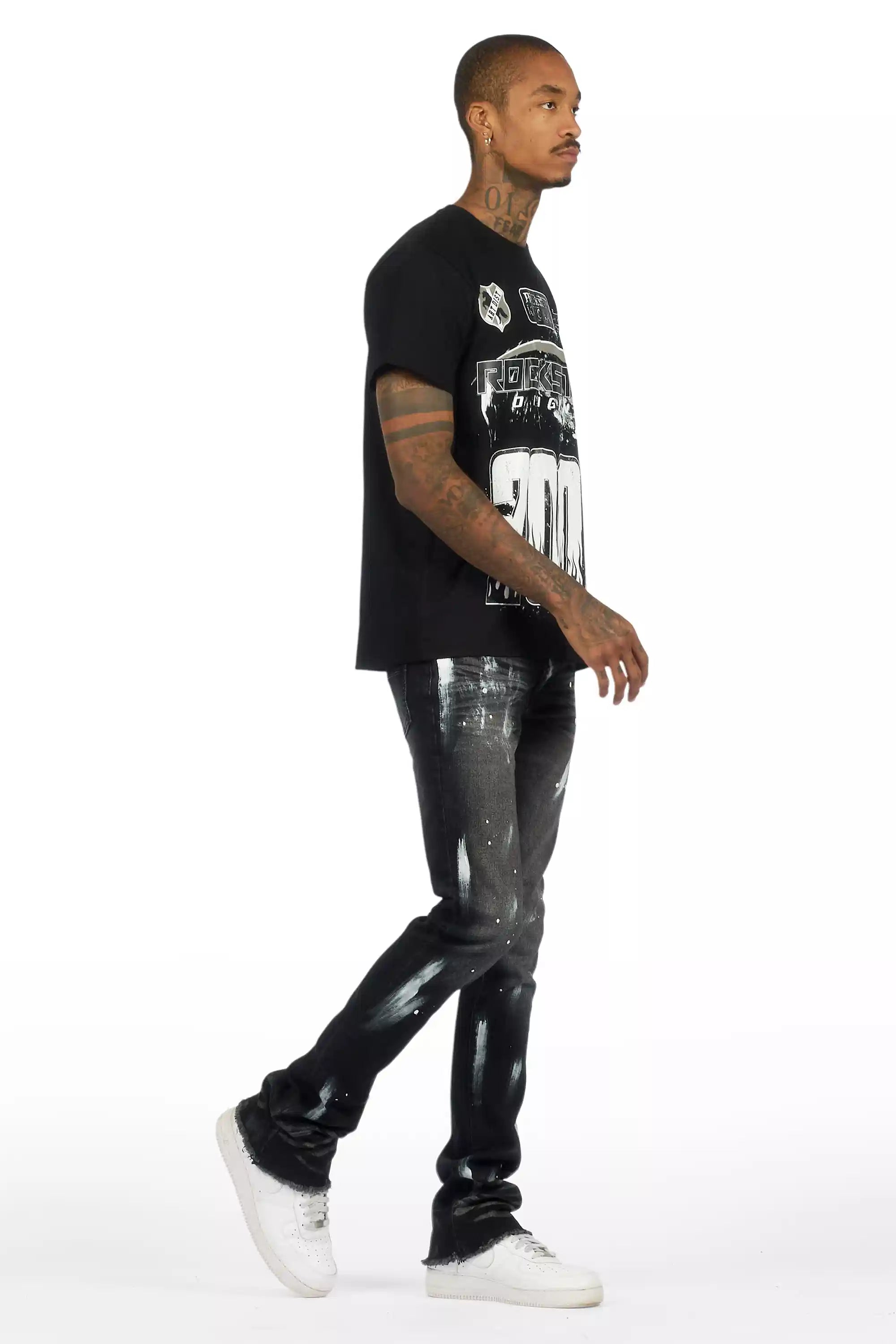 Amos Black T-Shirt/Painted Stacked Flare Jean
