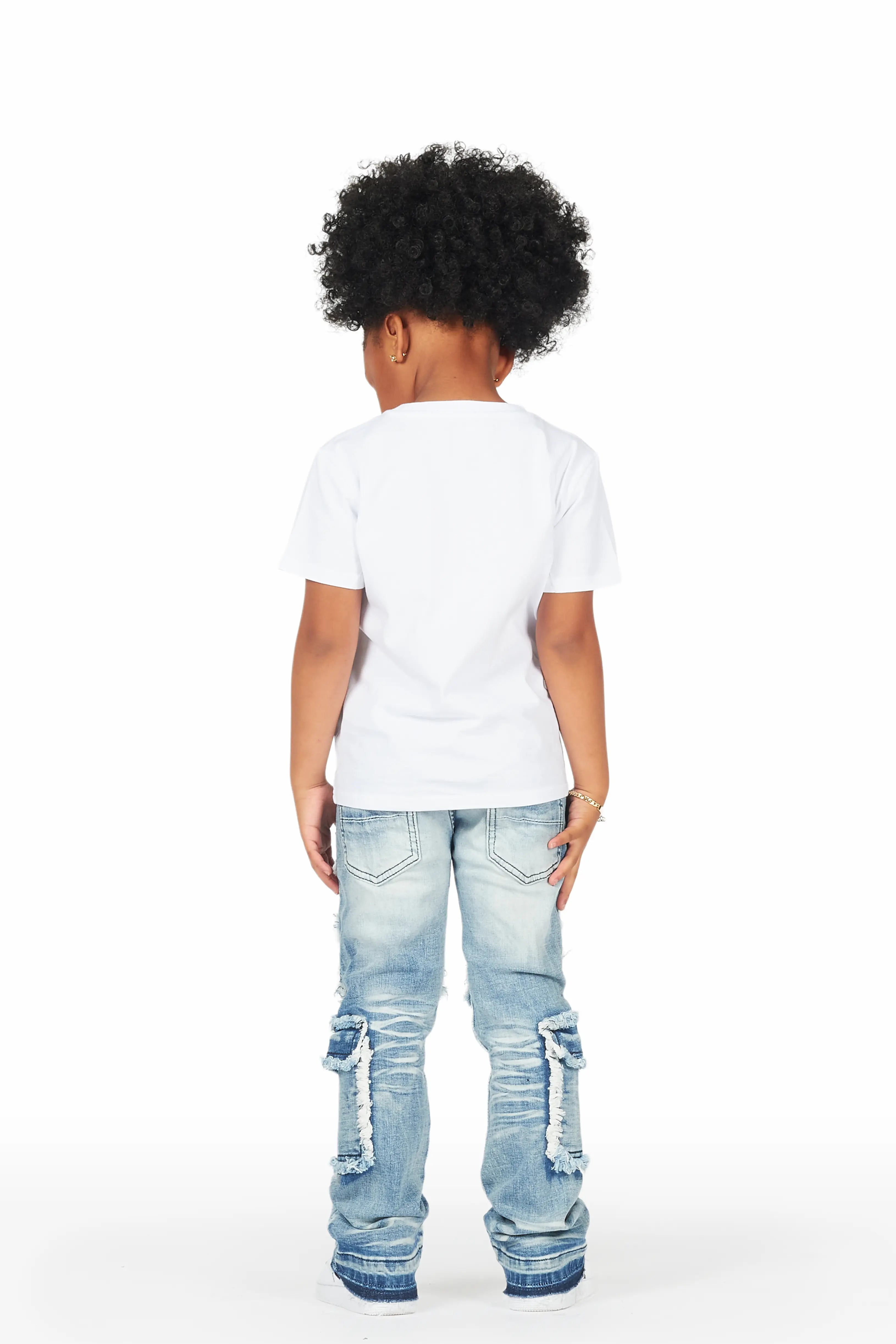 Girls Medora White/Blue T-Shirt Stacked Flare Jean Set