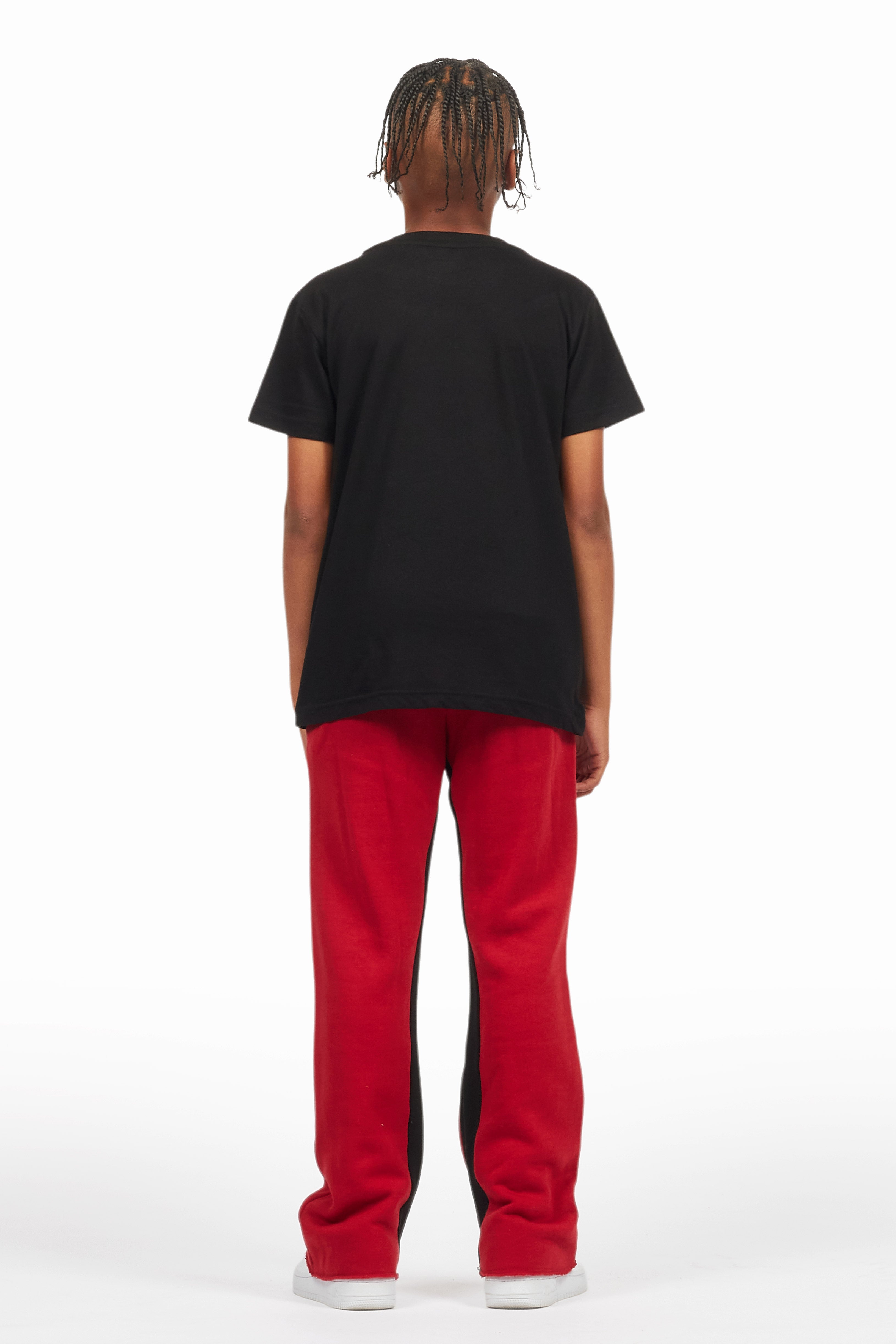 Boys Amos Black/Burgundy T-Shirt/Stacked Baggy Flare Pant Set